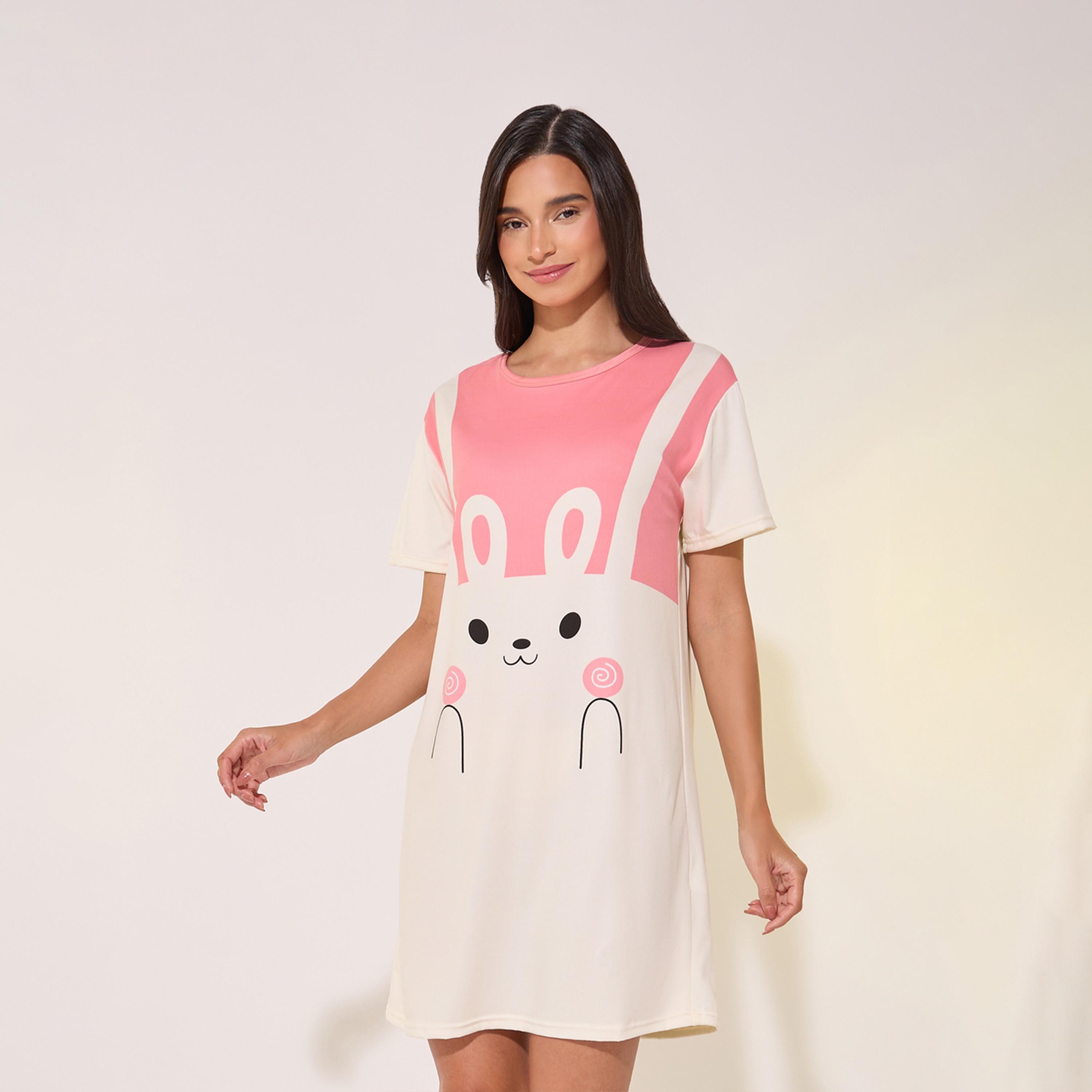 Styli Graphic Print Round Neck Sleep T-Shirt Dress-women-clothing-nightwear-nighties-image-1