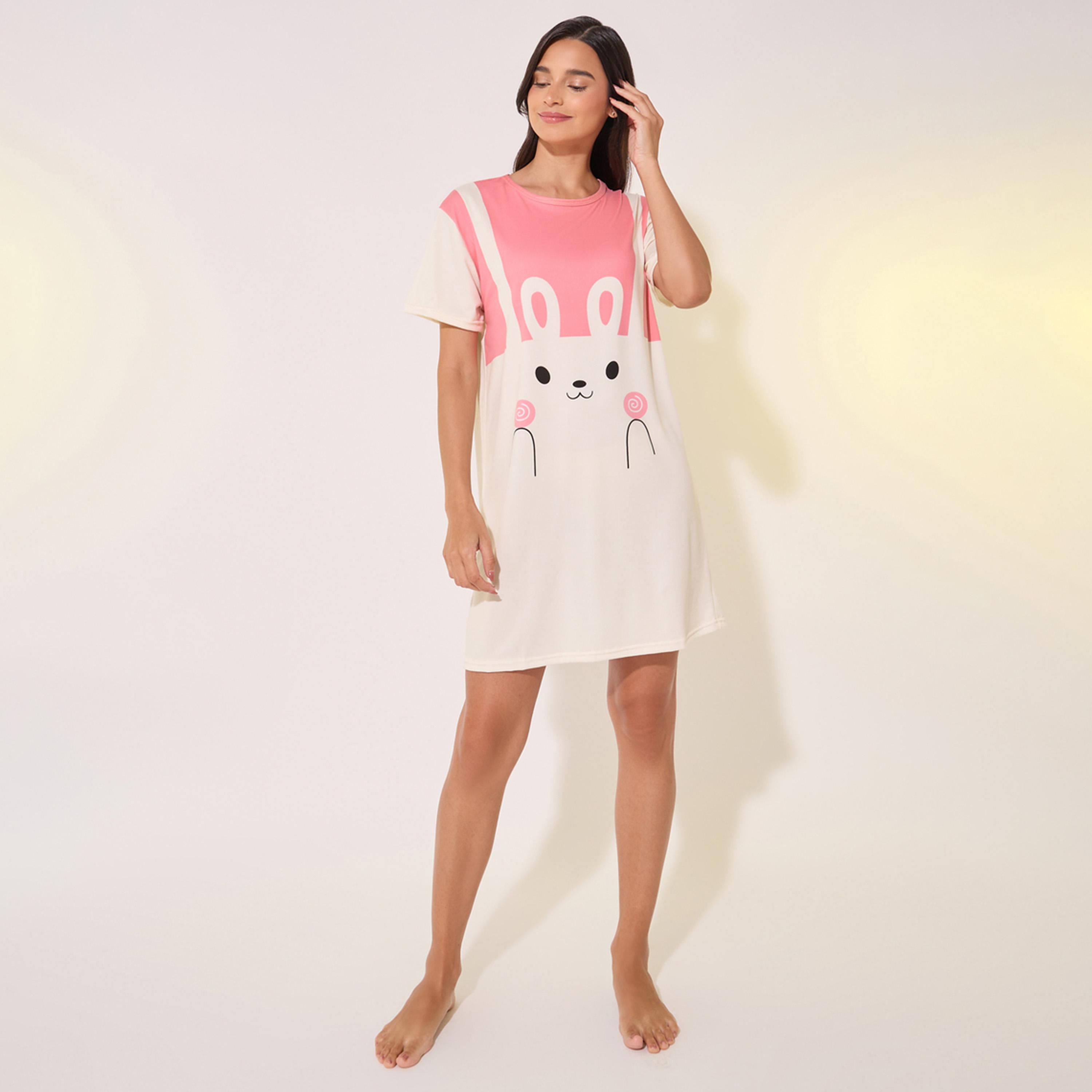 Styli Graphic Print Round Neck Sleep T-Shirt Dress-women-clothing-nightwear-nighties-image-2