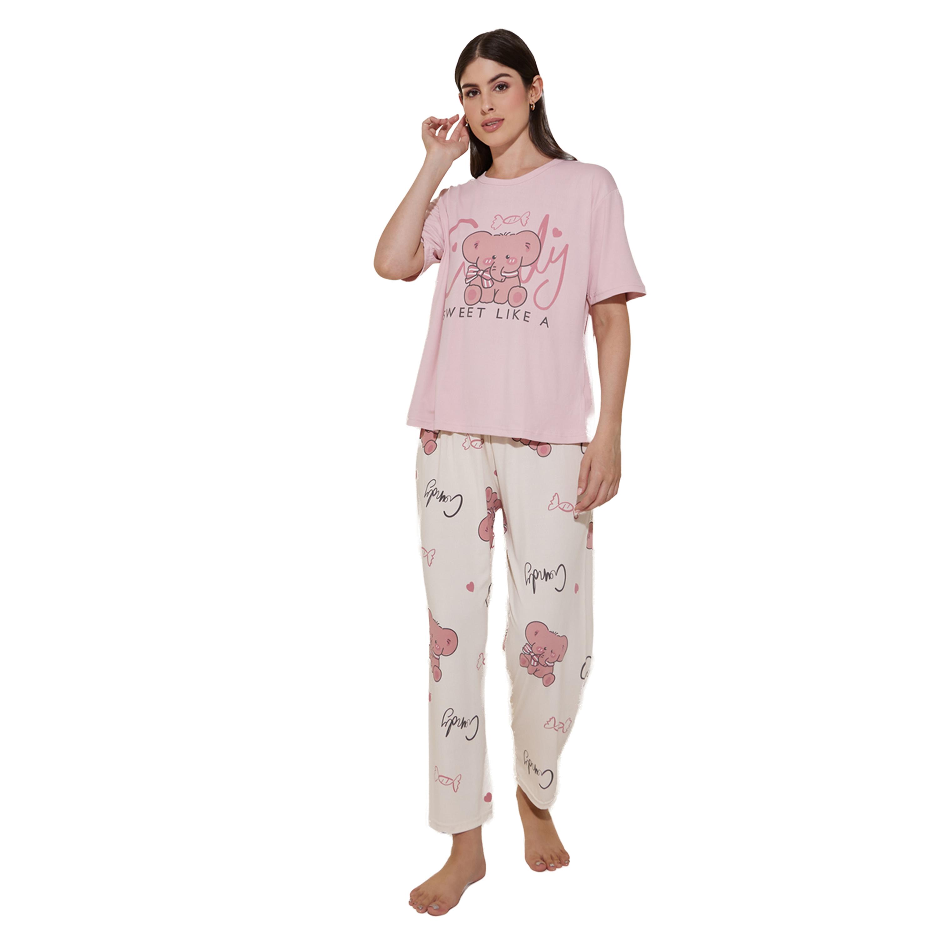ستايلي - طقم تيشيرت بطبعة فيل وبنطال بيجاما-women-clothing-nightwear-pyjamas-longsets-image-1
