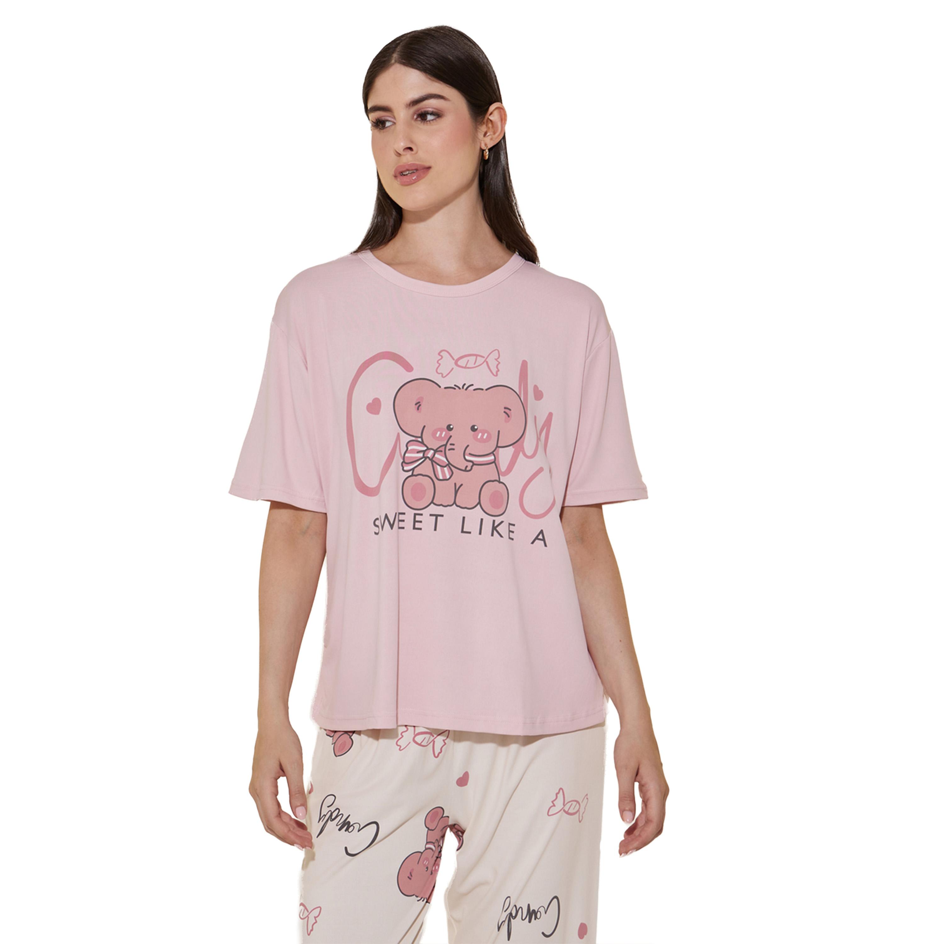 ستايلي - طقم تيشيرت بطبعة فيل وبنطال بيجاما-women-clothing-nightwear-pyjamas-longsets-image-2