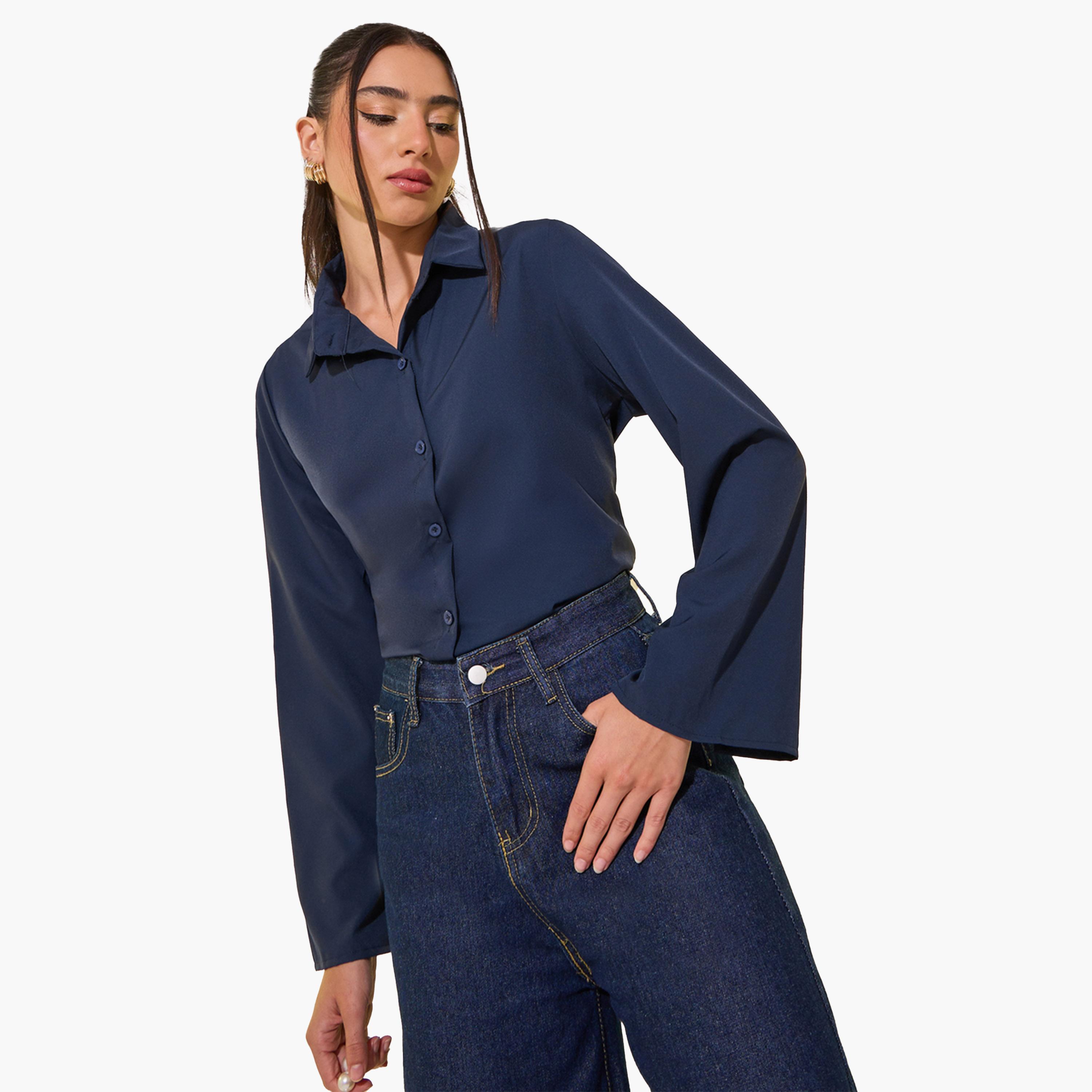 Styli Navy Blue Spread Collar Plain Long Sleeve Blouse-women-clothing-shirtsandblouses-blouses-image-3