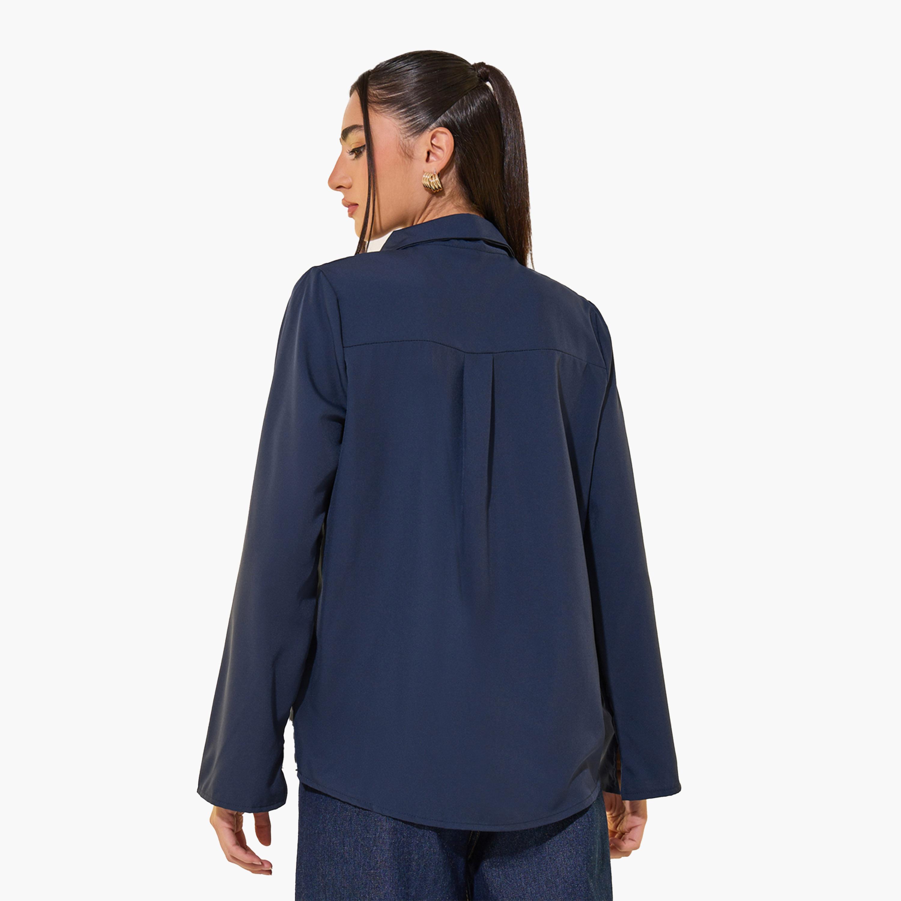 Styli Navy Blue Spread Collar Plain Long Sleeve Blouse-women-clothing-shirtsandblouses-blouses-image-5