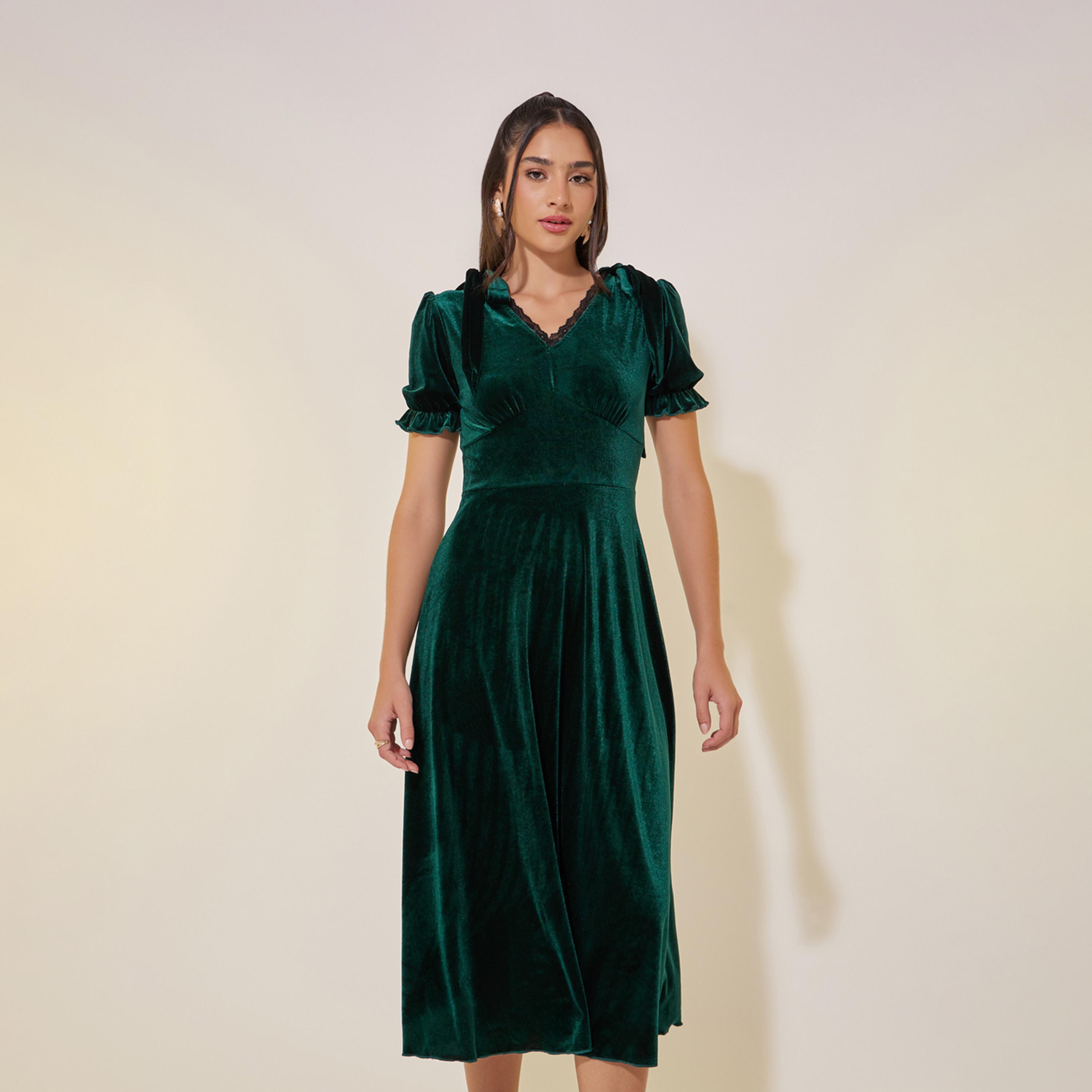 Styli Solid Velvet Look V-Neck A-Line Midi Dress-women-clothing-dresses-image-3