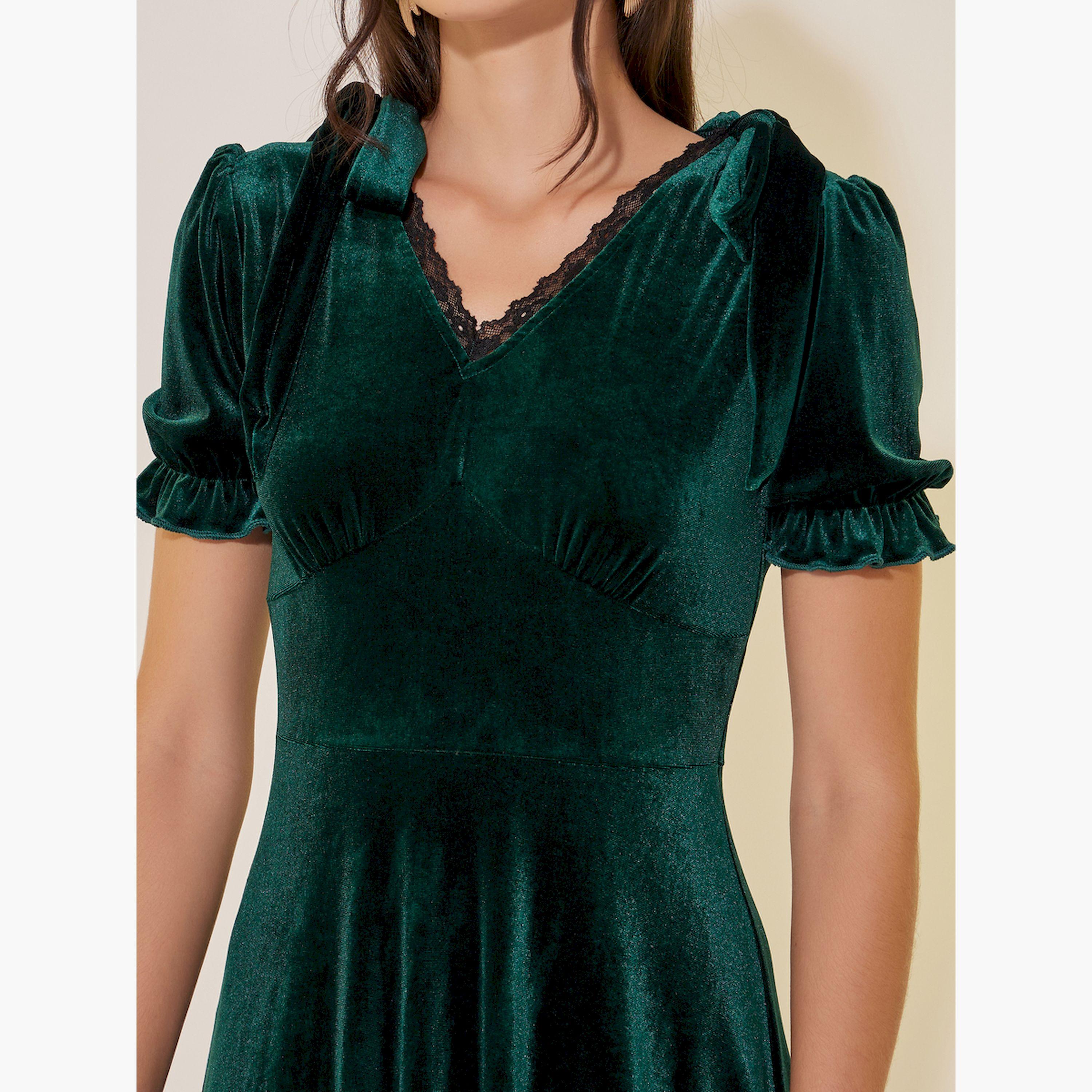 Styli Solid Velvet Look V-Neck A-Line Midi Dress-women-clothing-dresses-image-4