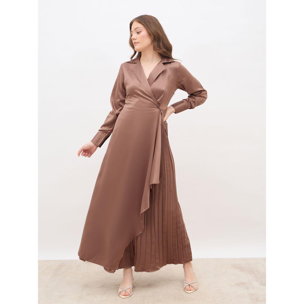 Styli Plain Satin Pleated Wrap Maxi Dress with Notch Lapel-women-clothing-dresses-image-2