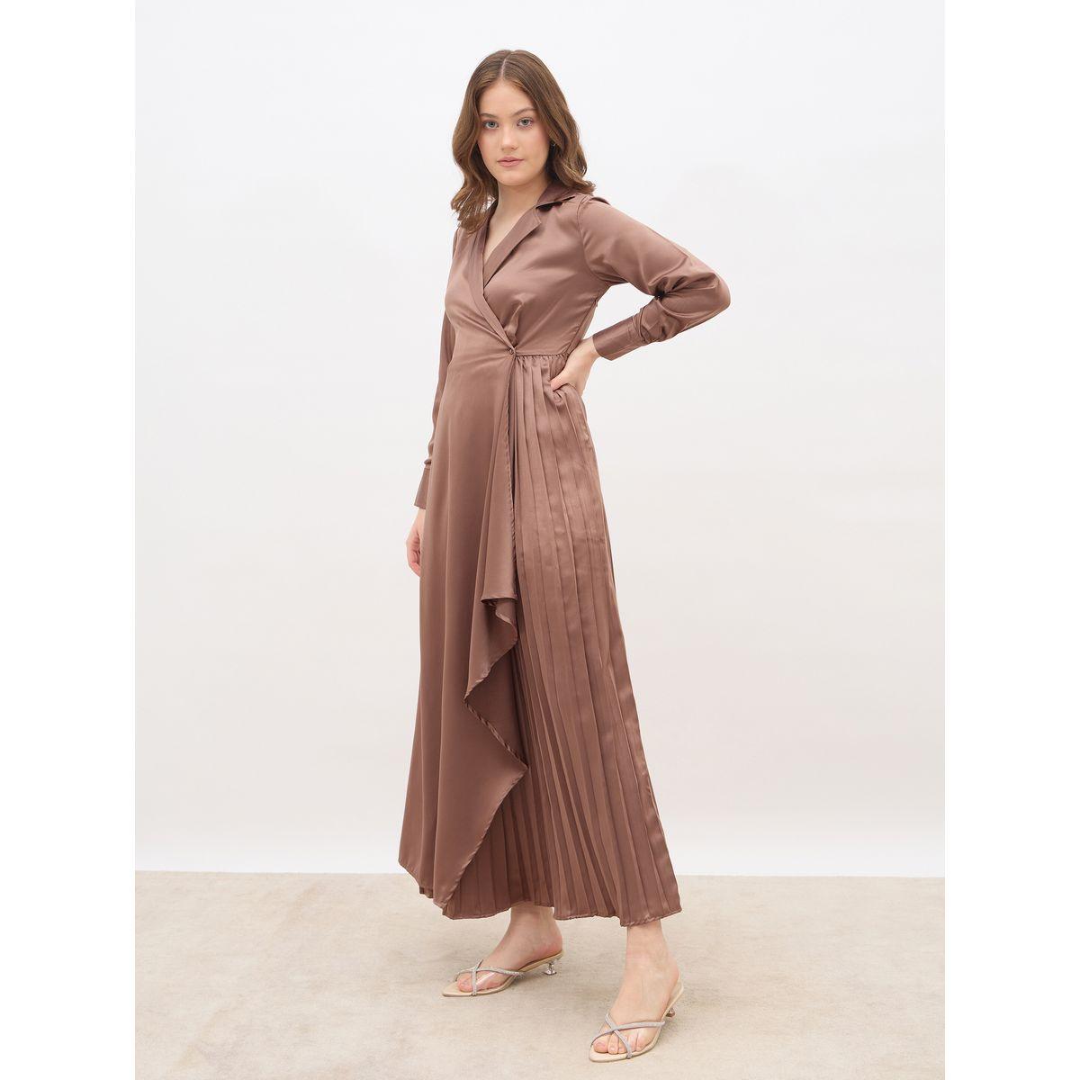 Styli Plain Satin Pleated Wrap Maxi Dress with Notch Lapel-women-clothing-dresses-image-3