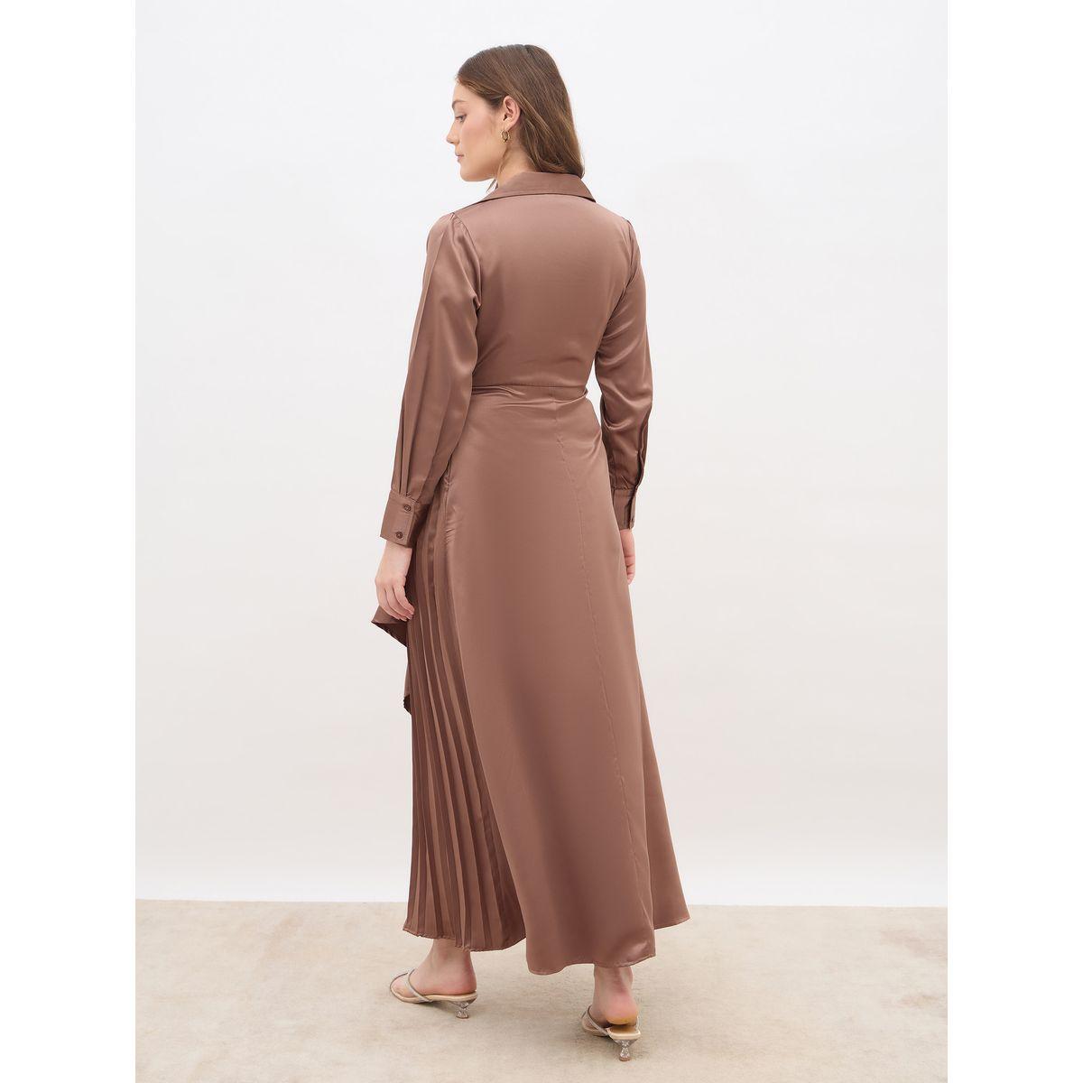 Styli Plain Satin Pleated Wrap Maxi Dress with Notch Lapel-women-clothing-dresses-image-5