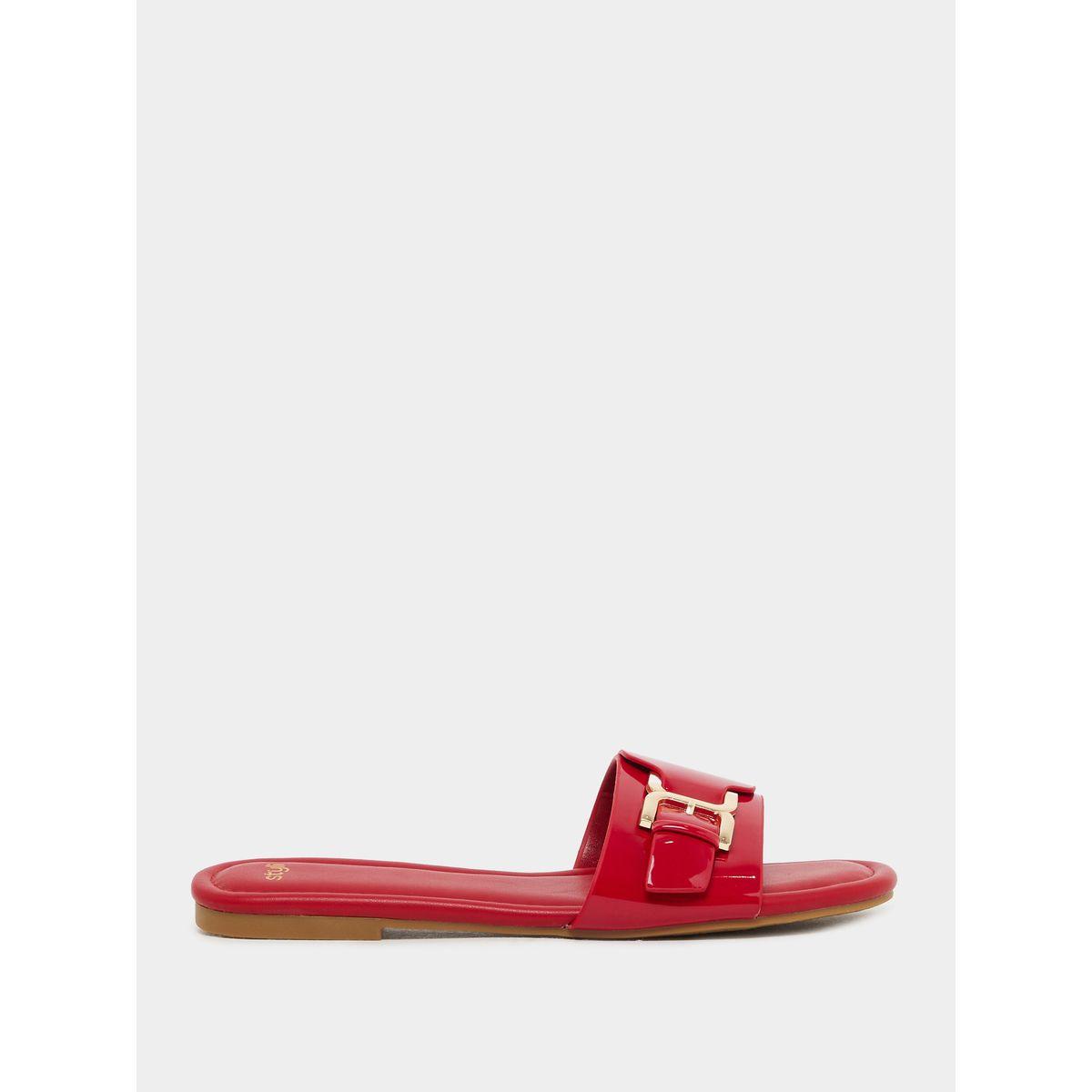 Styli Patent Design Buckle Detail Flat Sandals-women-shoes-sandals-flats-image-1