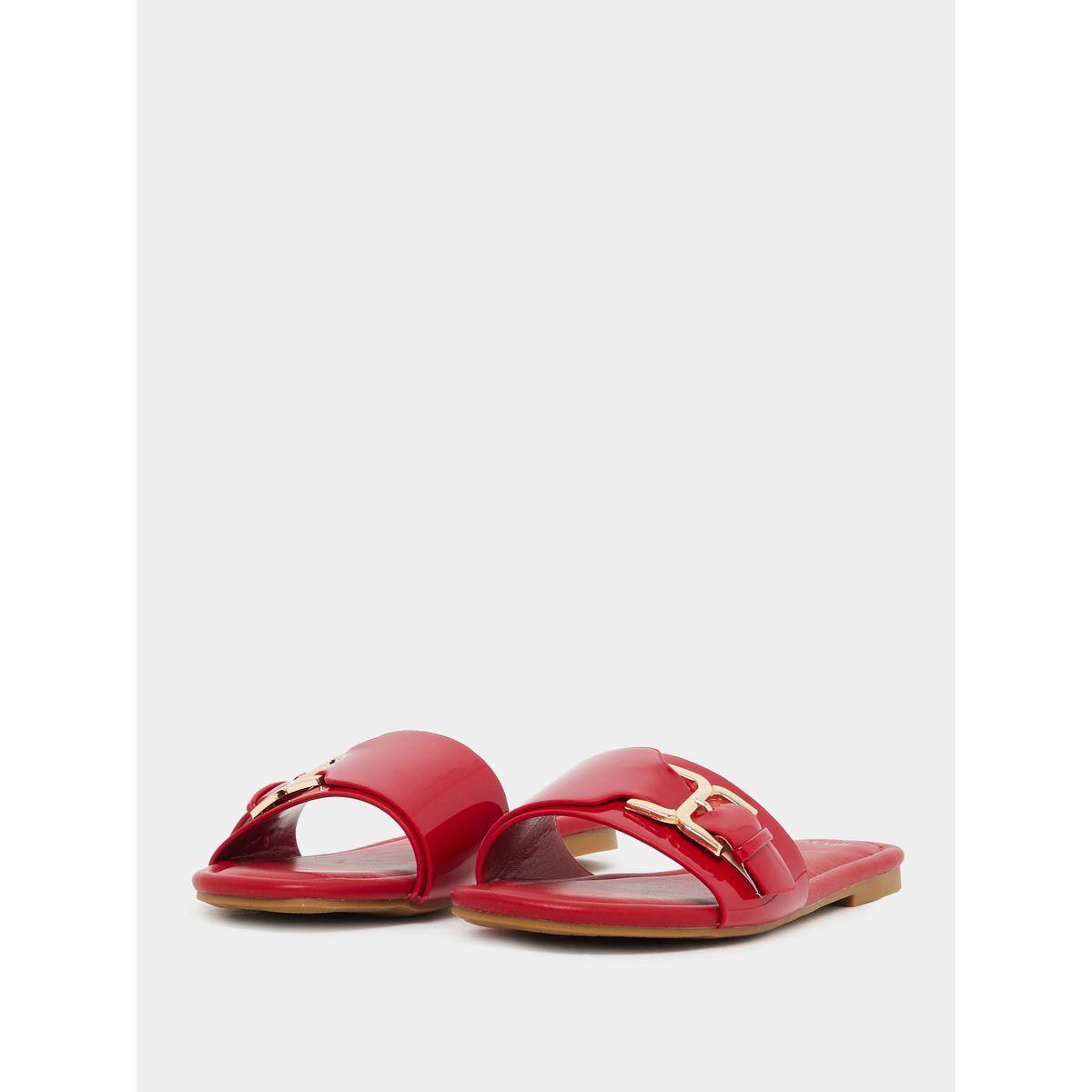 Styli Patent Design Buckle Detail Flat Sandals-women-shoes-sandals-flats-image-2