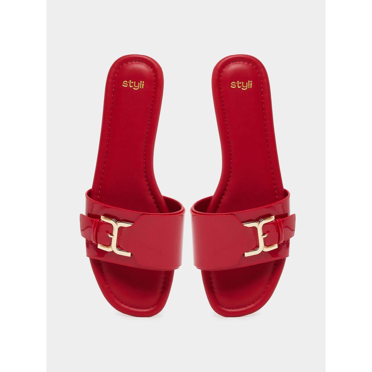 Styli Patent Design Buckle Detail Flat Sandals-women-shoes-sandals-flats-image-5