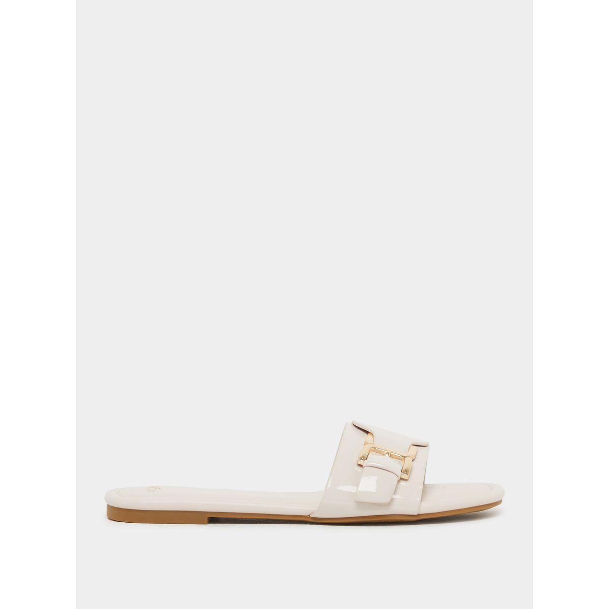 Styli Patent Design Buckle Detail Flat Sandals-women-shoes-sandals-flats-image-1