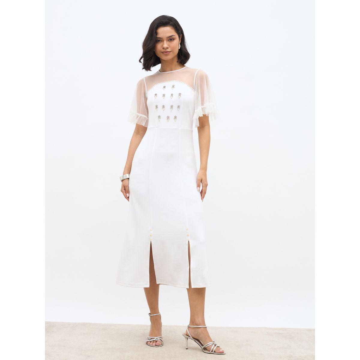 فستان ميدي منمق بحافة واسعة وتداخلات شبكية-women-clothing-dresses-image-2