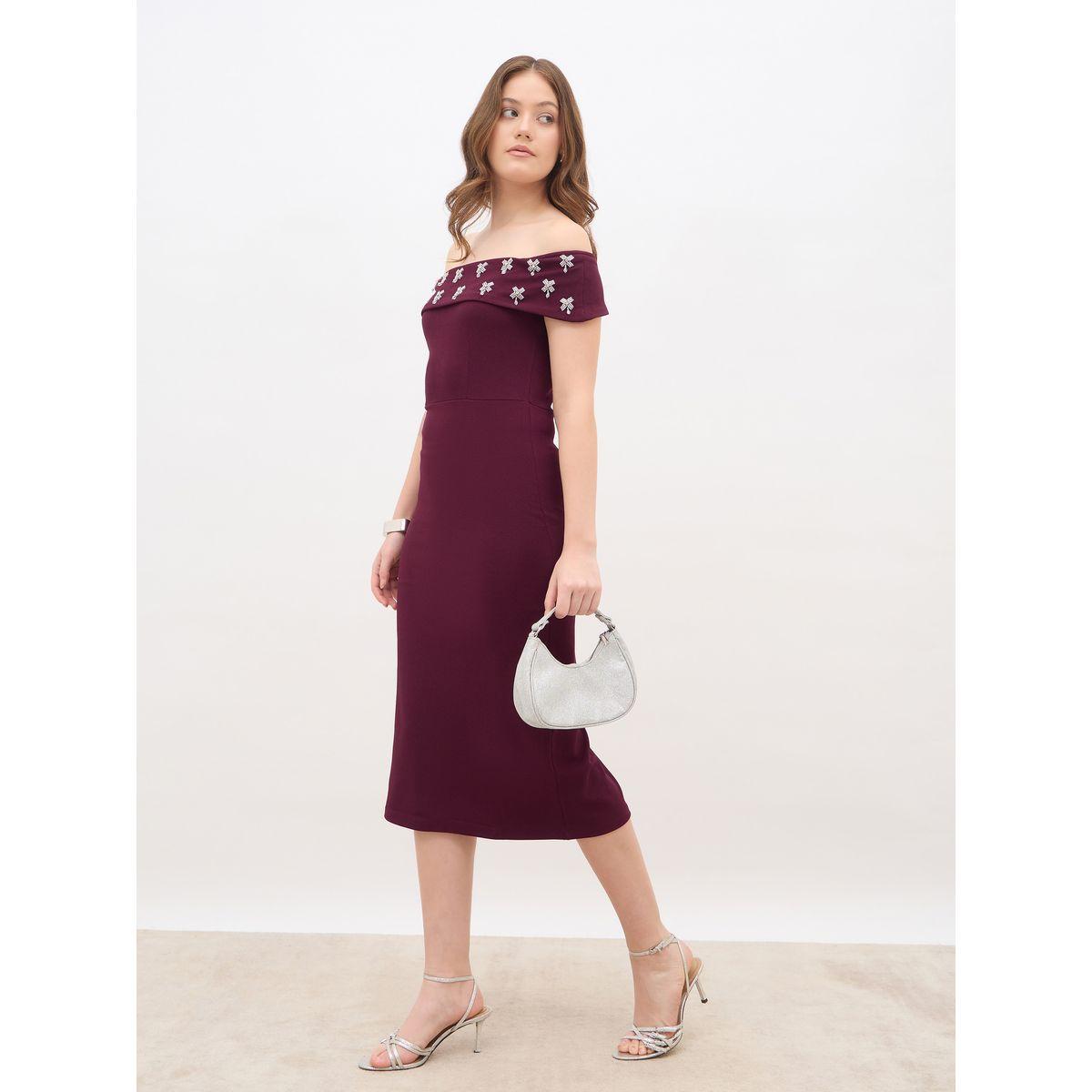 Styli Women Burgundy Embellished Off-Shoulder Sheath Midi Dress-women-clothing-dresses-image-1