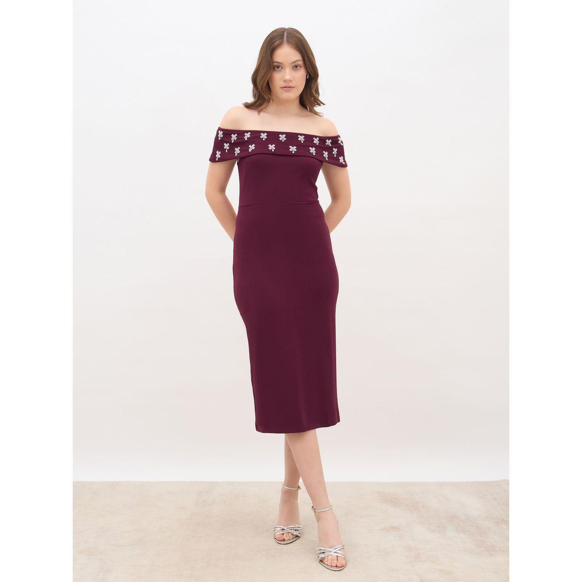 Styli Women Burgundy Embellished Off-Shoulder Sheath Midi Dress-women-clothing-dresses-image-2