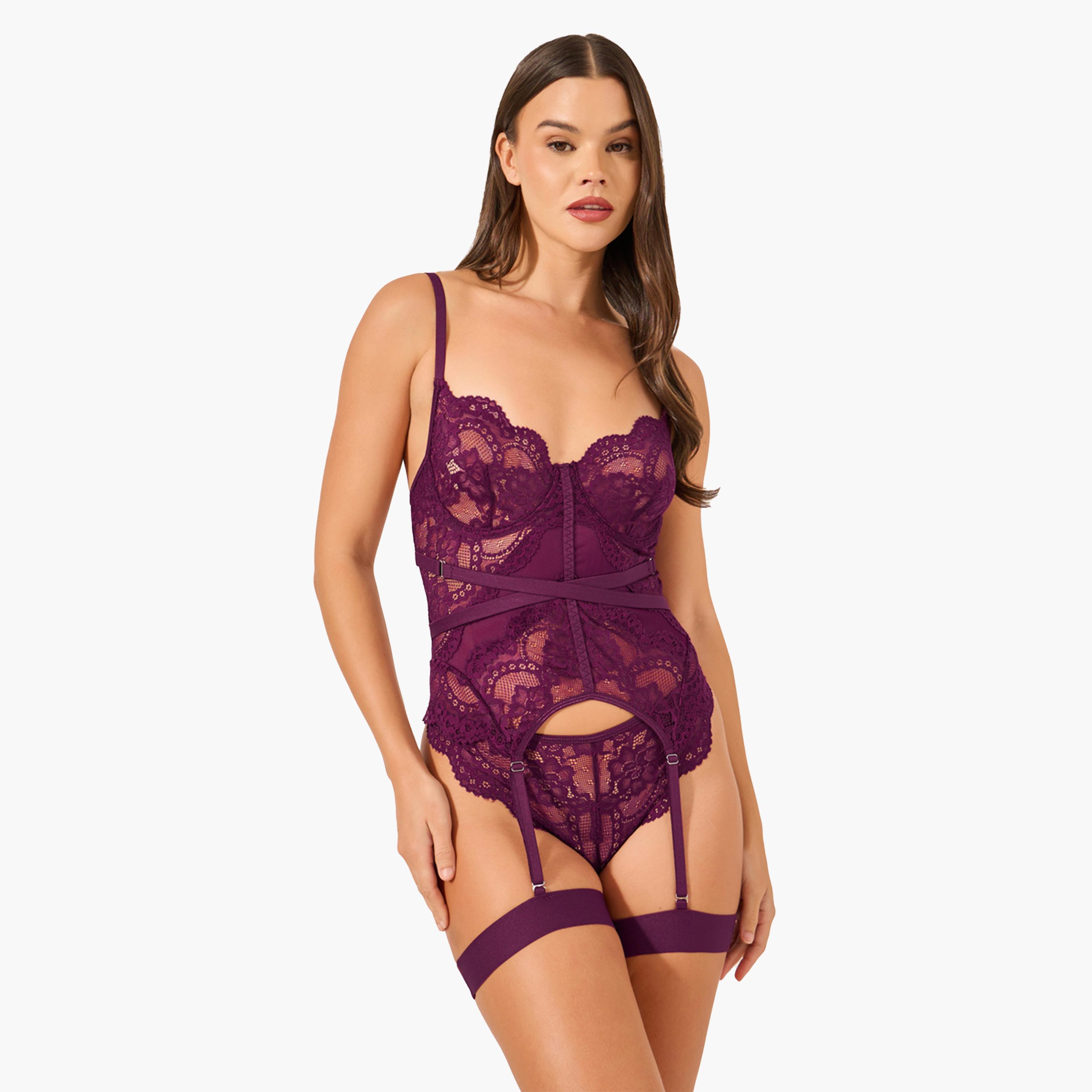 ستايلي - بدلة جسم من الدانتيل بحافة صدفية مع سروال داخلي ورباط ساق-women-clothing-lingerie-corsets-image-1