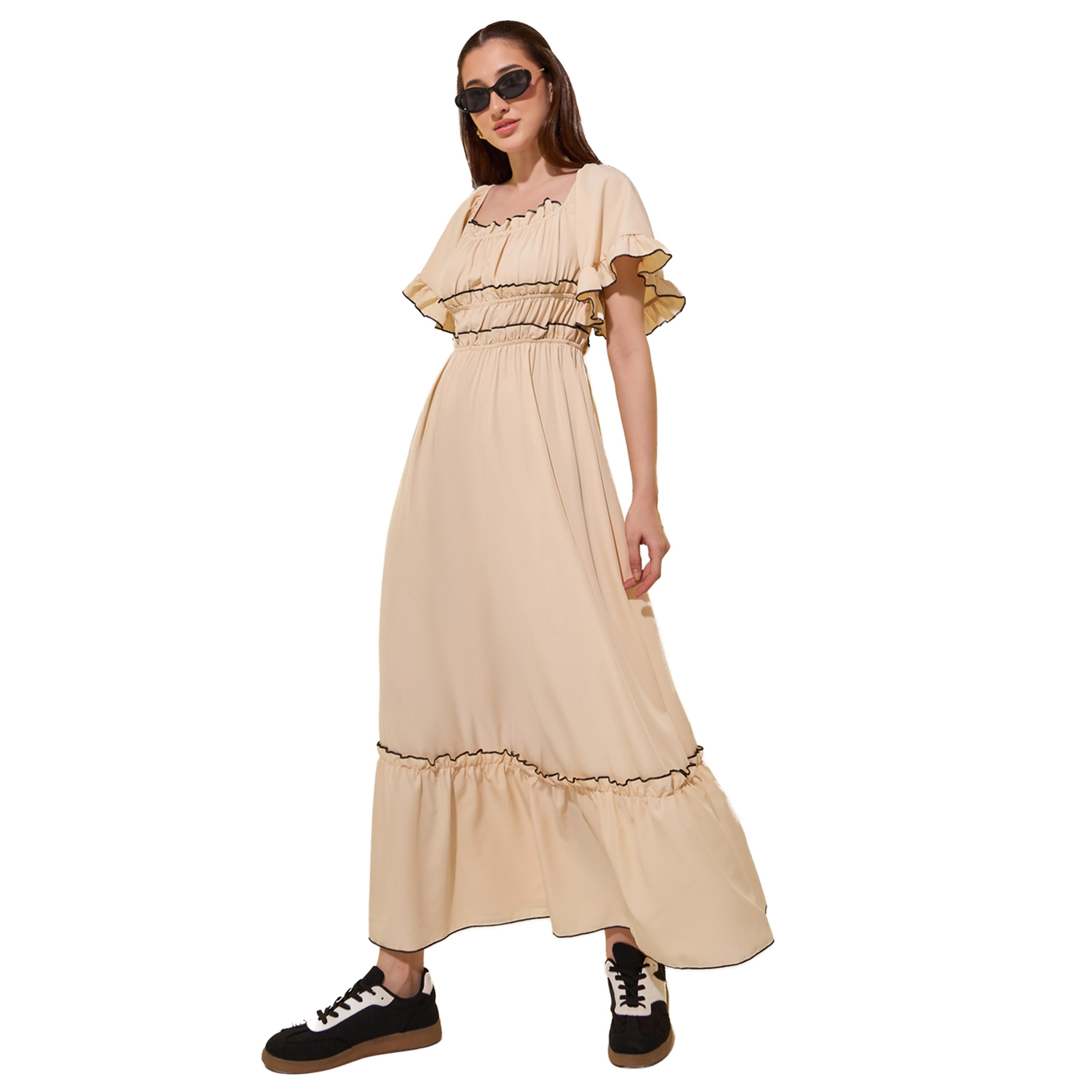 ستايلي - فستان ماكسي بقصة A وأكمام واسعة وتفاصيل خياطة متباينة-women-clothing-dresses-image-1