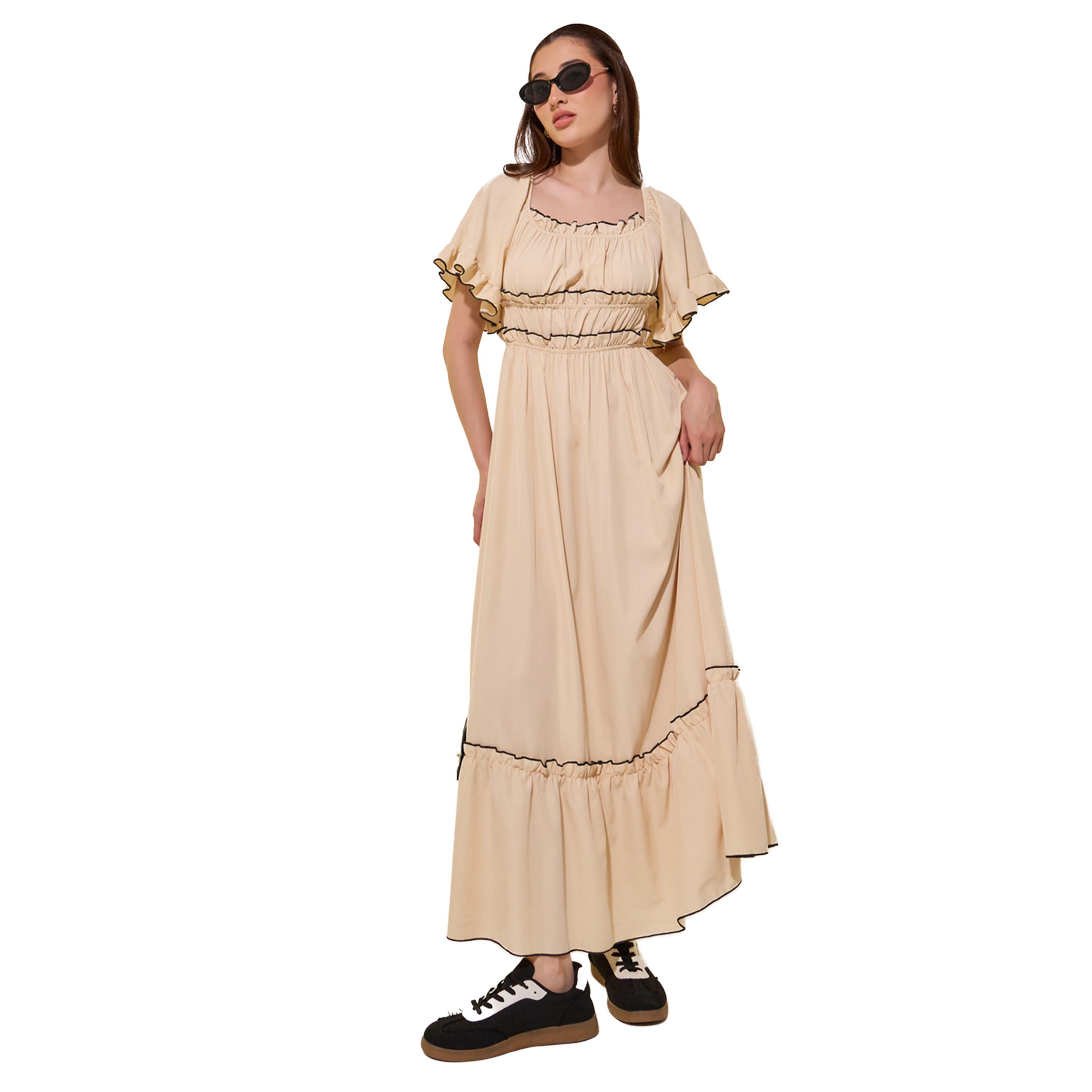 ستايلي - فستان ماكسي بقصة A وأكمام واسعة وتفاصيل خياطة متباينة-women-clothing-dresses-image-2