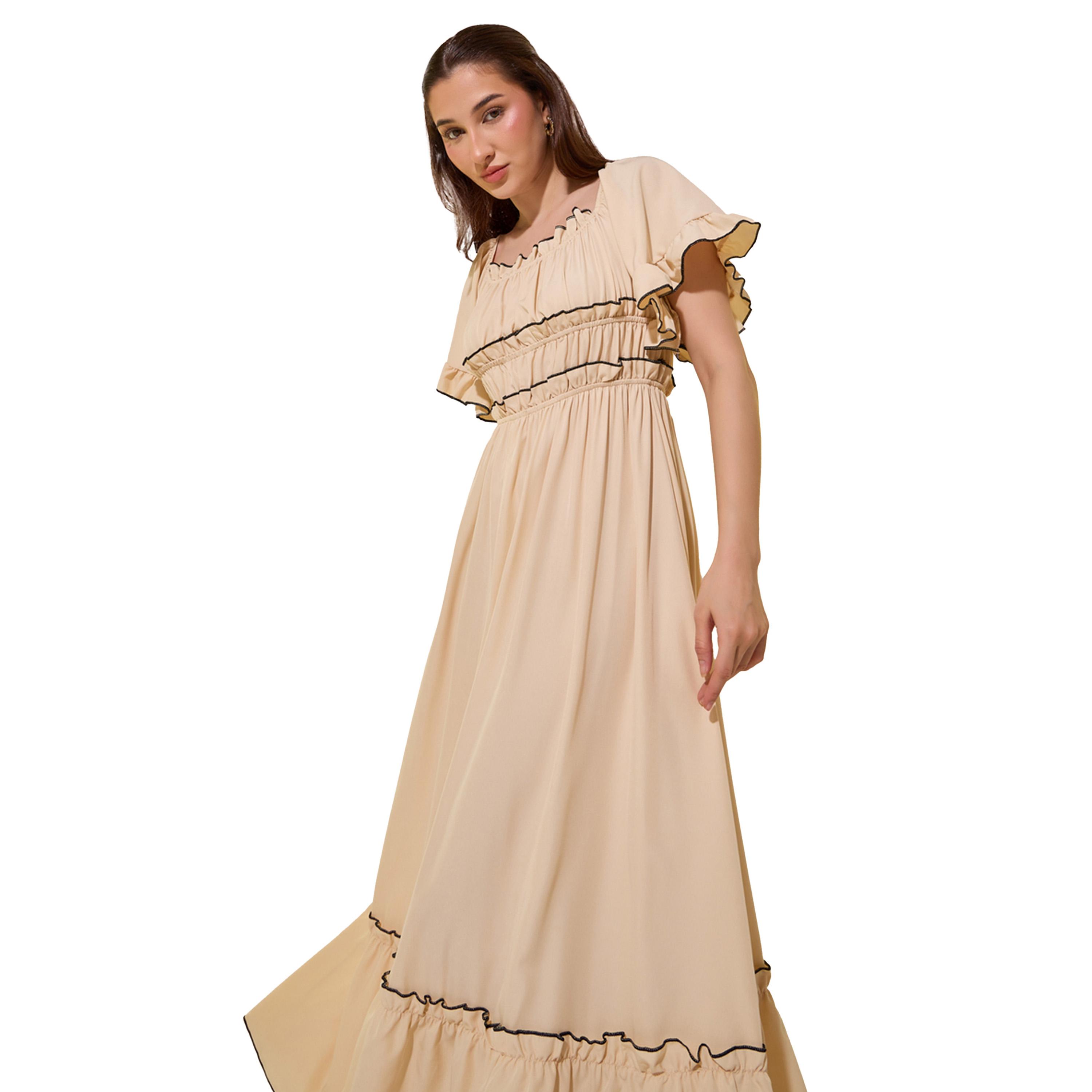 ستايلي - فستان ماكسي بقصة A وأكمام واسعة وتفاصيل خياطة متباينة-women-clothing-dresses-image-3
