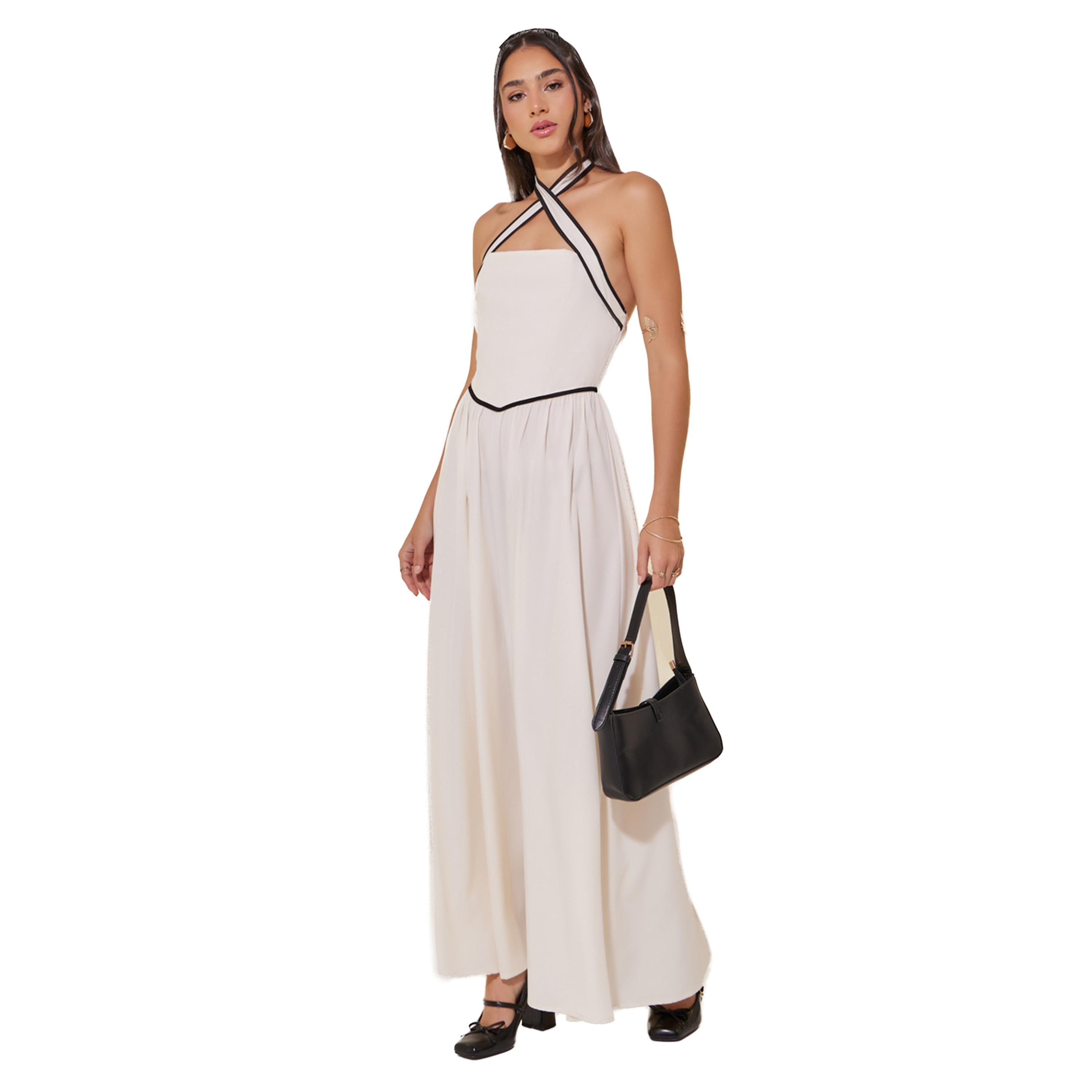 ستايلي -  فستان ماكسي سادة برقبة على شكل حرف A وحواف متباينة-women-clothing-dresses-image-1