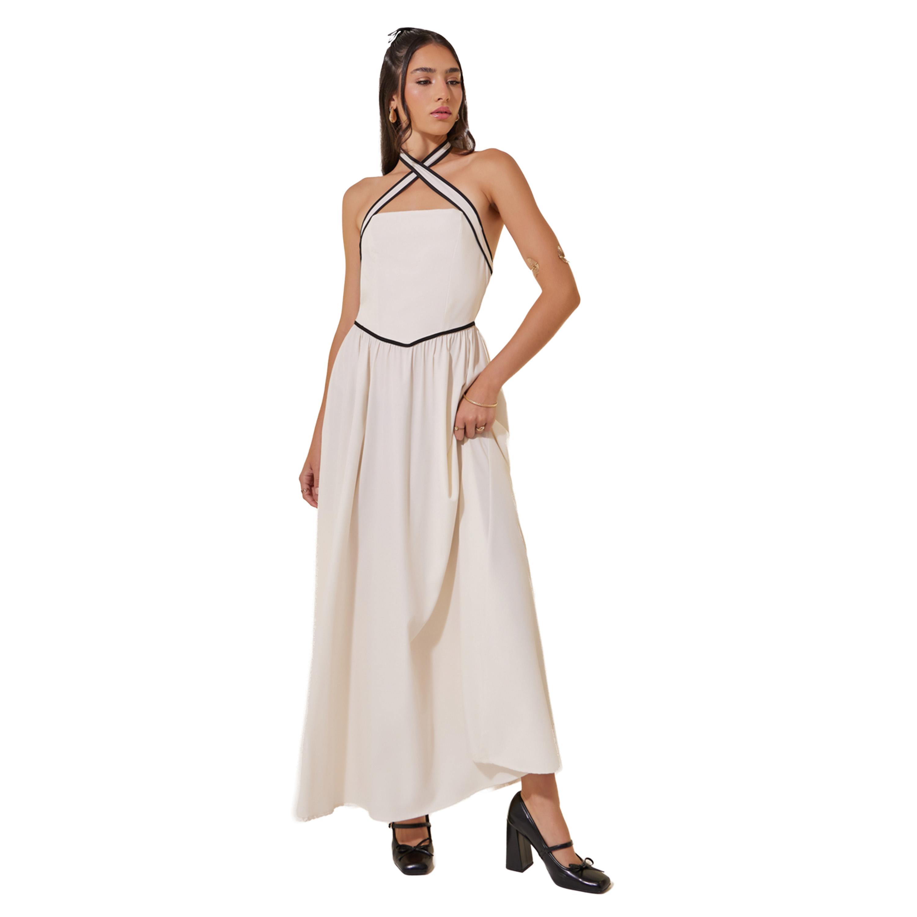 ستايلي -  فستان ماكسي سادة برقبة على شكل حرف A وحواف متباينة-women-clothing-dresses-image-2