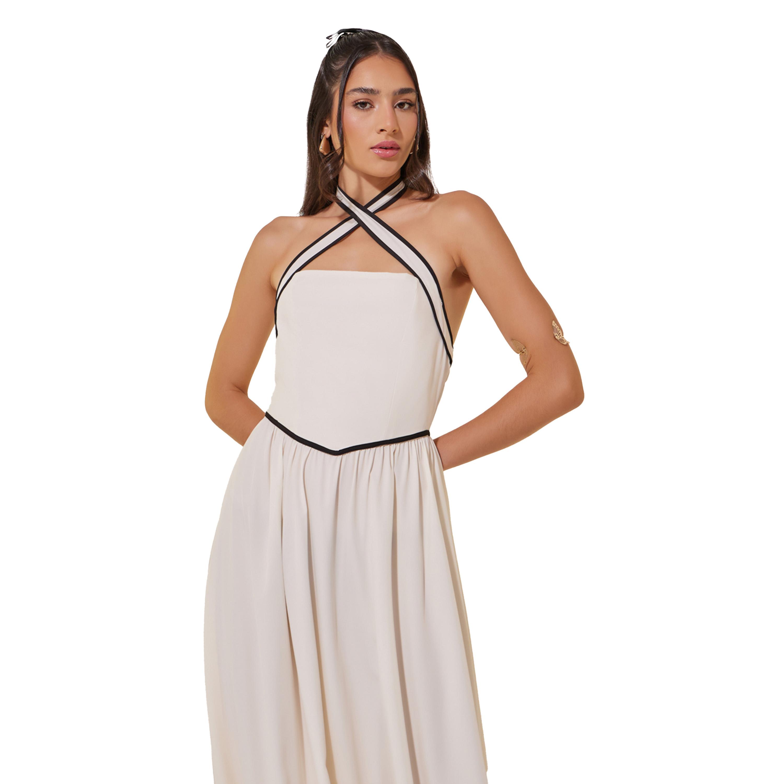 Styli Solid Contrast Trim Halter Neck A-Line Maxi Dress-women-clothing-dresses-image-3