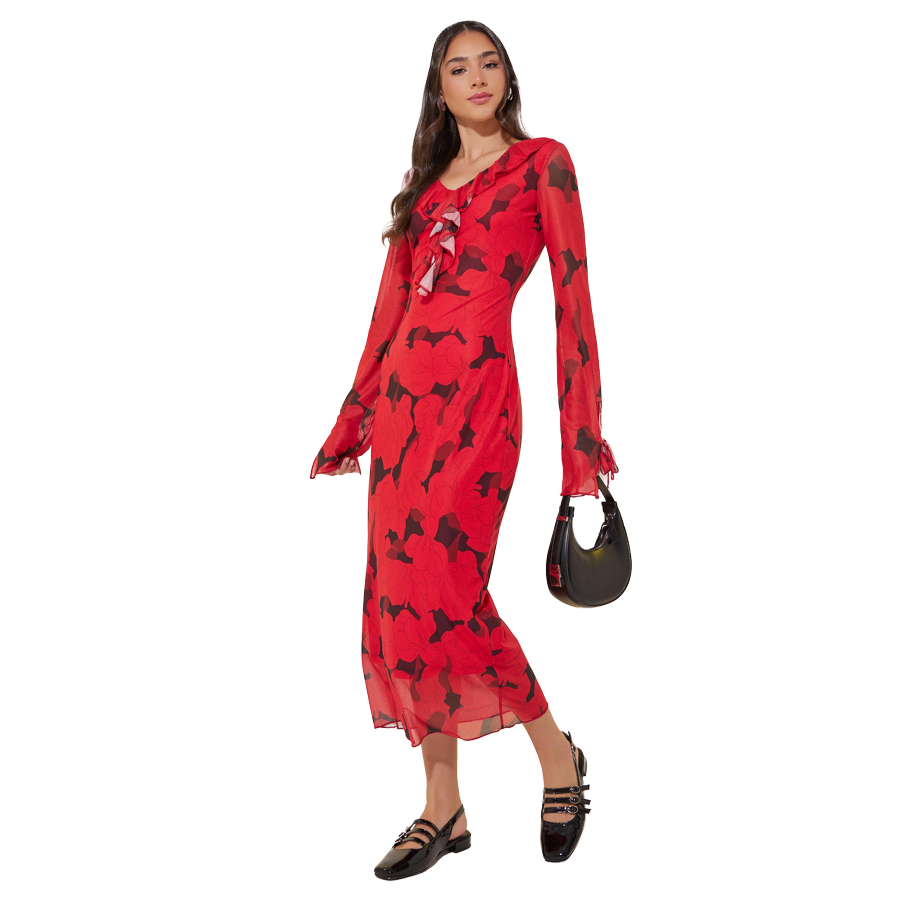 ستايلي - فستان ميدي بطبعة زهور وتفاصيل كشكشة وياقة V-women-clothing-dresses-image-1