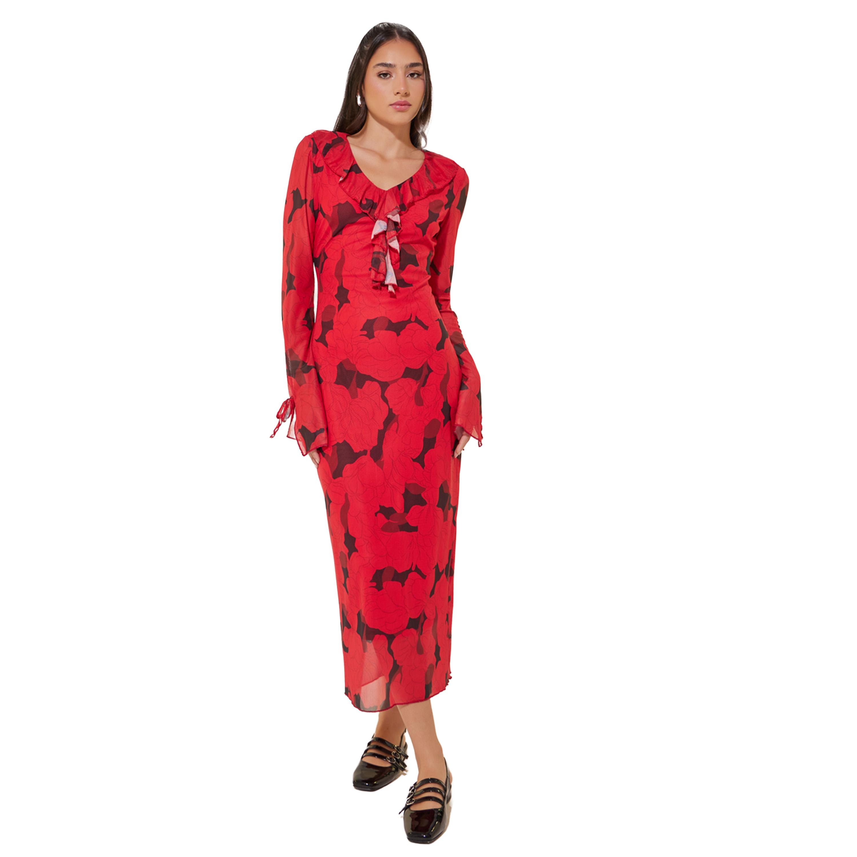 ستايلي - فستان ميدي بطبعة زهور وتفاصيل كشكشة وياقة V-women-clothing-dresses-image-2