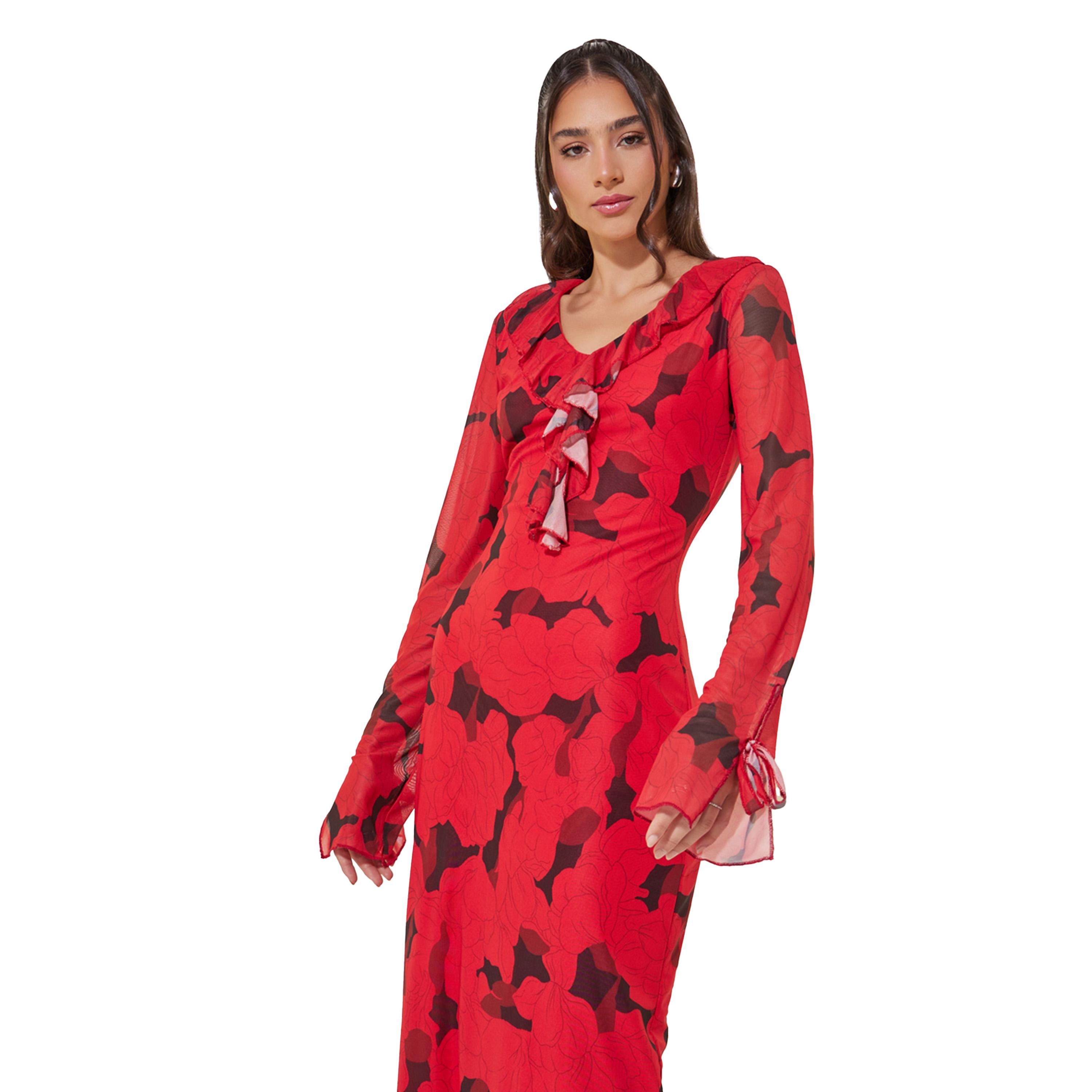 ستايلي - فستان ميدي بطبعة زهور وتفاصيل كشكشة وياقة V-women-clothing-dresses-image-3