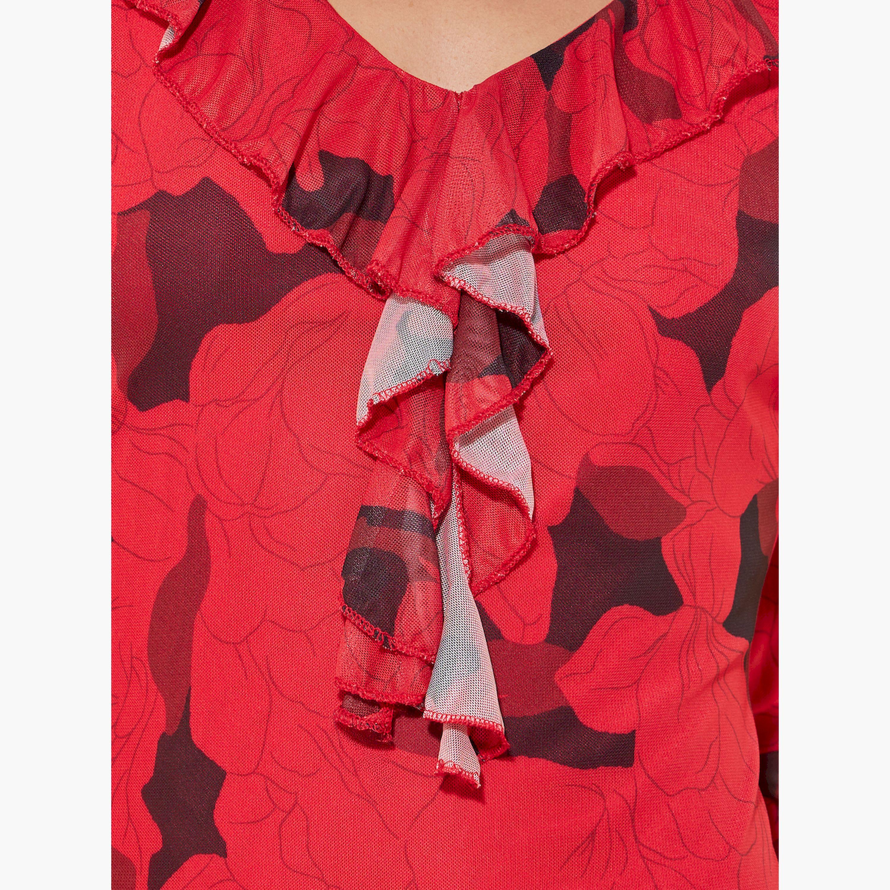 ستايلي - فستان ميدي بطبعة زهور وتفاصيل كشكشة وياقة V-women-clothing-dresses-image-4