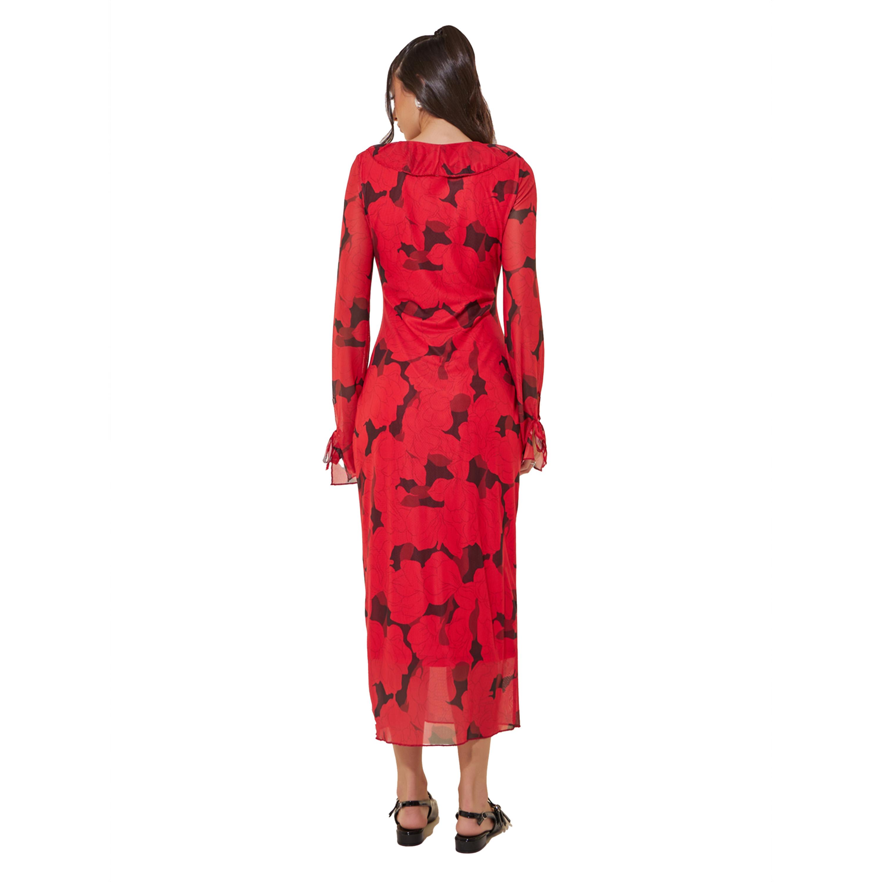 ستايلي - فستان ميدي بطبعة زهور وتفاصيل كشكشة وياقة V-women-clothing-dresses-image-5