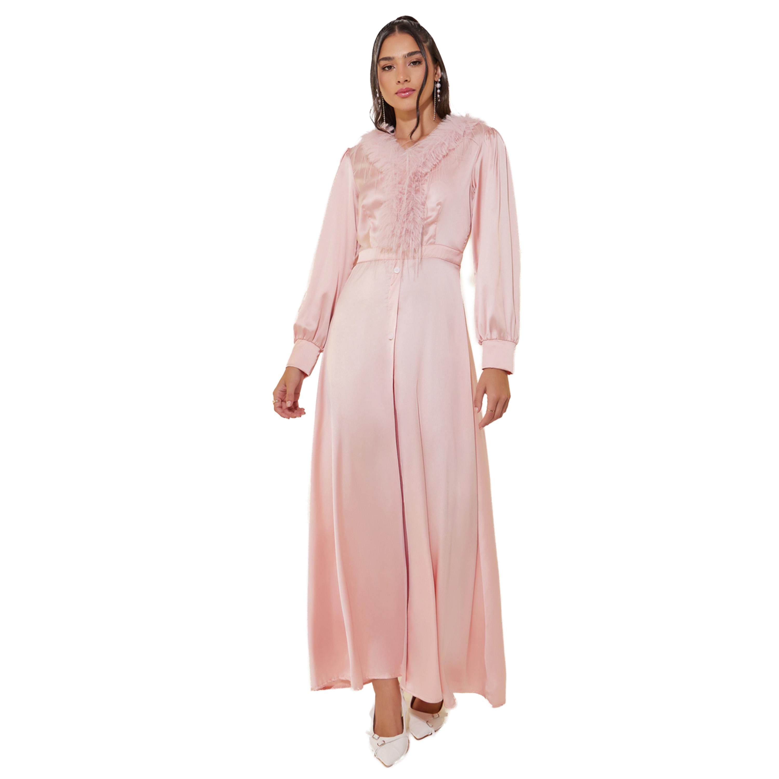 Styli Solid Satin V-Neck Feather Trim Maxi Dress-women-clothing-dresses-image-1