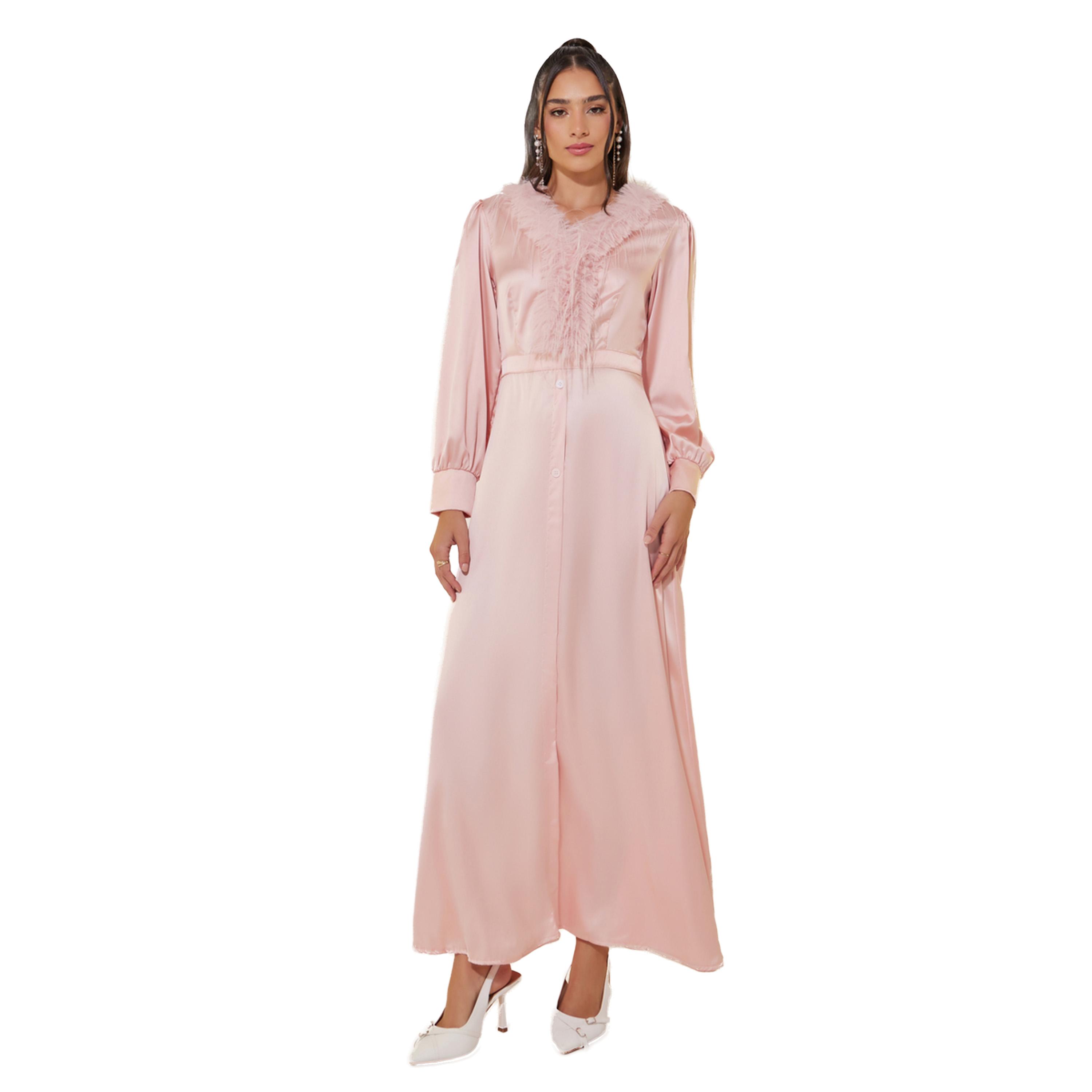 Styli Solid Satin V-Neck Feather Trim Maxi Dress-women-clothing-dresses-image-2