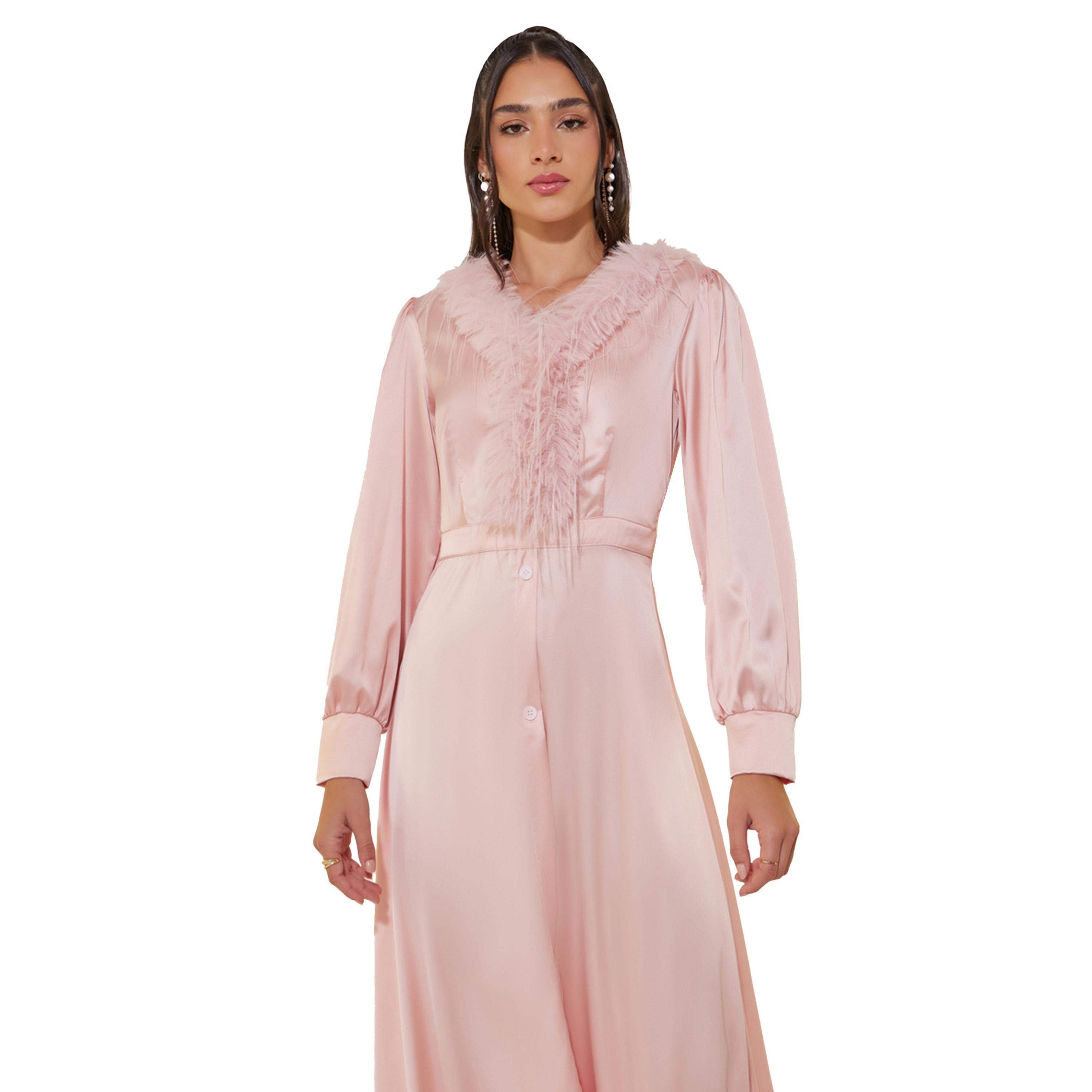 Styli Solid Satin V-Neck Feather Trim Maxi Dress-women-clothing-dresses-image-3