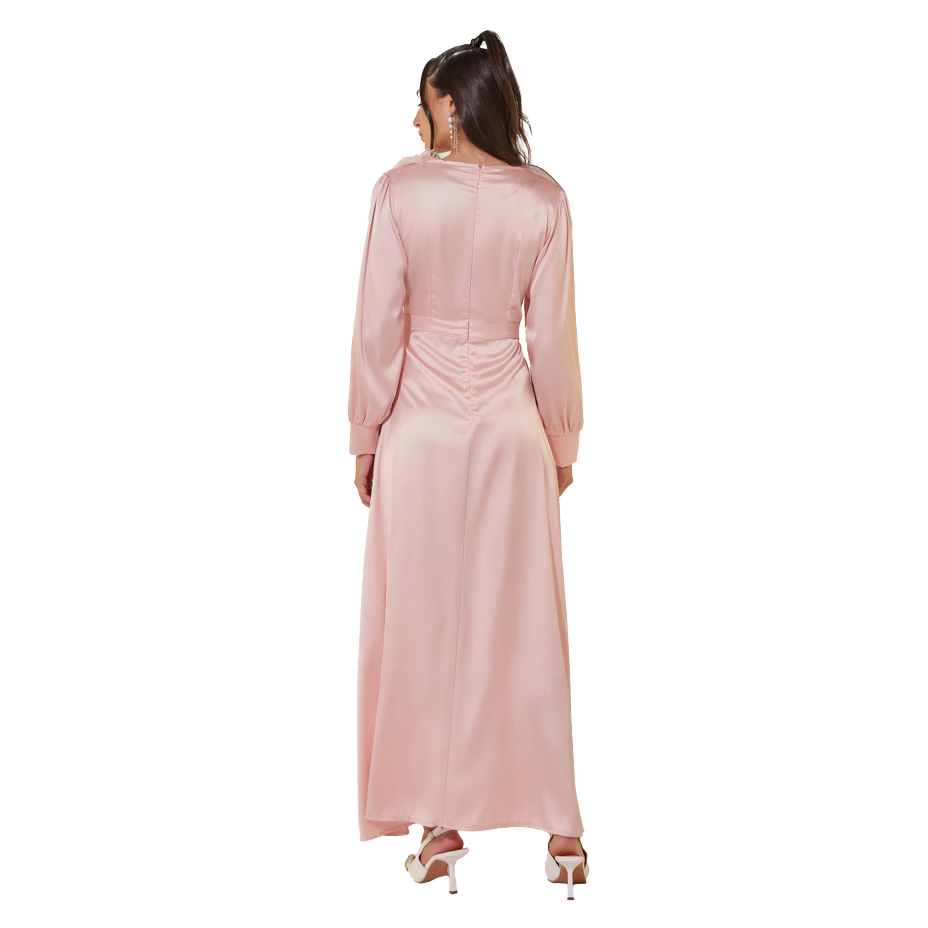 Styli Solid Satin V-Neck Feather Trim Maxi Dress-women-clothing-dresses-image-5