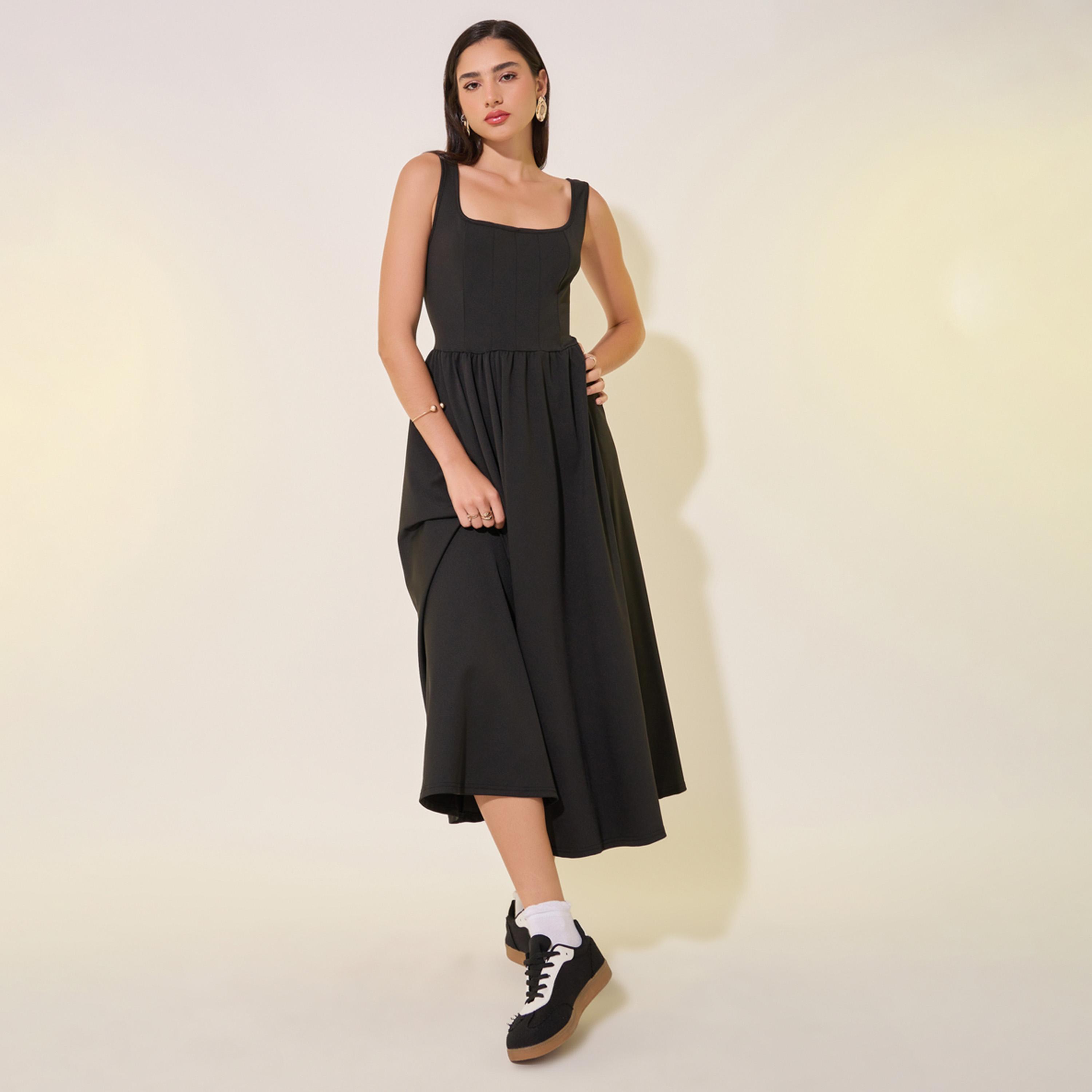 ستايلي - فستان ميدي بدون أكمام برقبة مربعة وقصة A-women-clothing-dresses-image-1