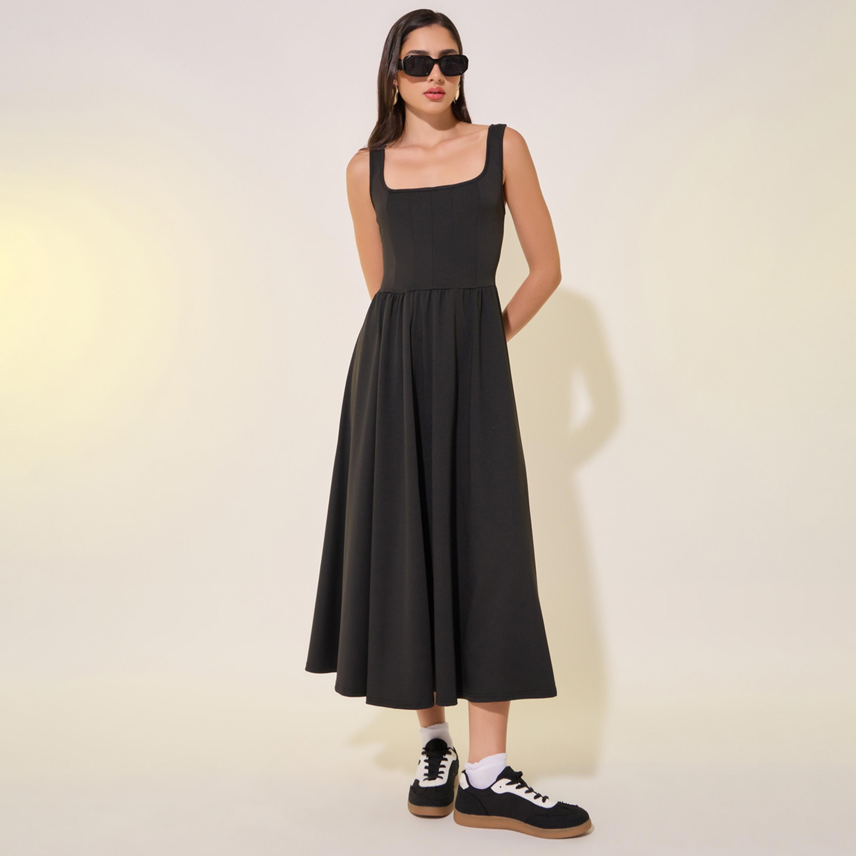 ستايلي - فستان ميدي بدون أكمام برقبة مربعة وقصة A-women-clothing-dresses-image-2