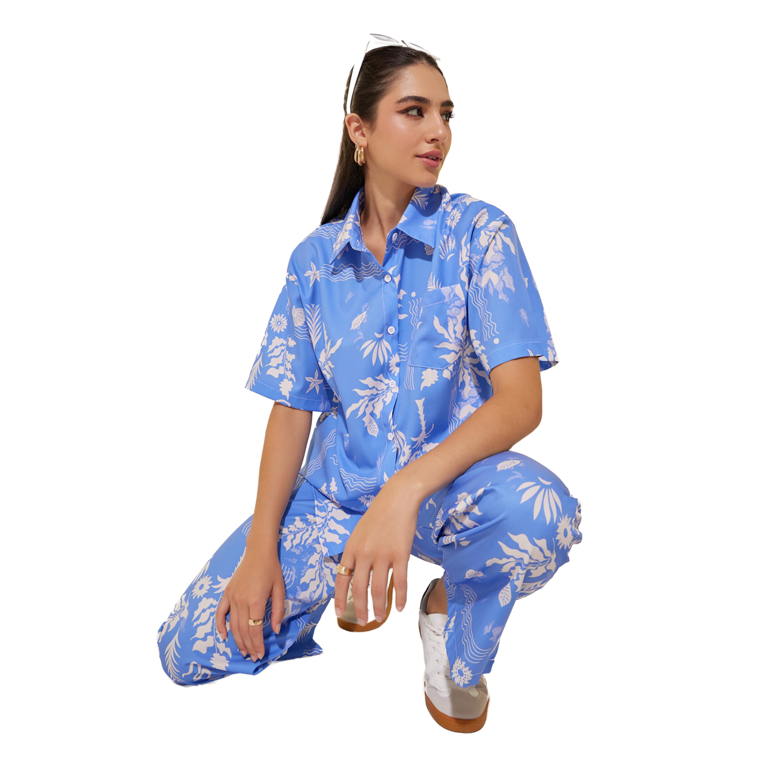 ستايلي - طقم قميص وبنطال بأكمام قصيرة وياقة مطبوعة-women-clothing-coordsets-image-1