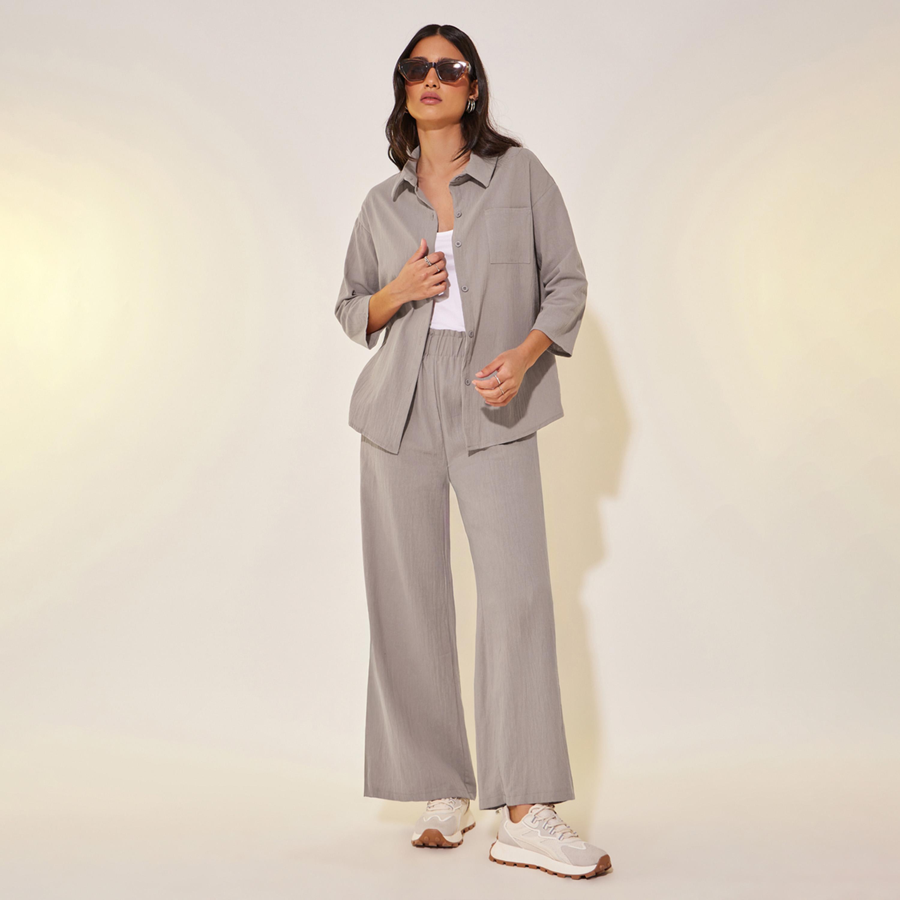 Styli Solid 3/4 Sleeves Shirt and Pants Co-Ords-women-clothing-coordsets-image-1