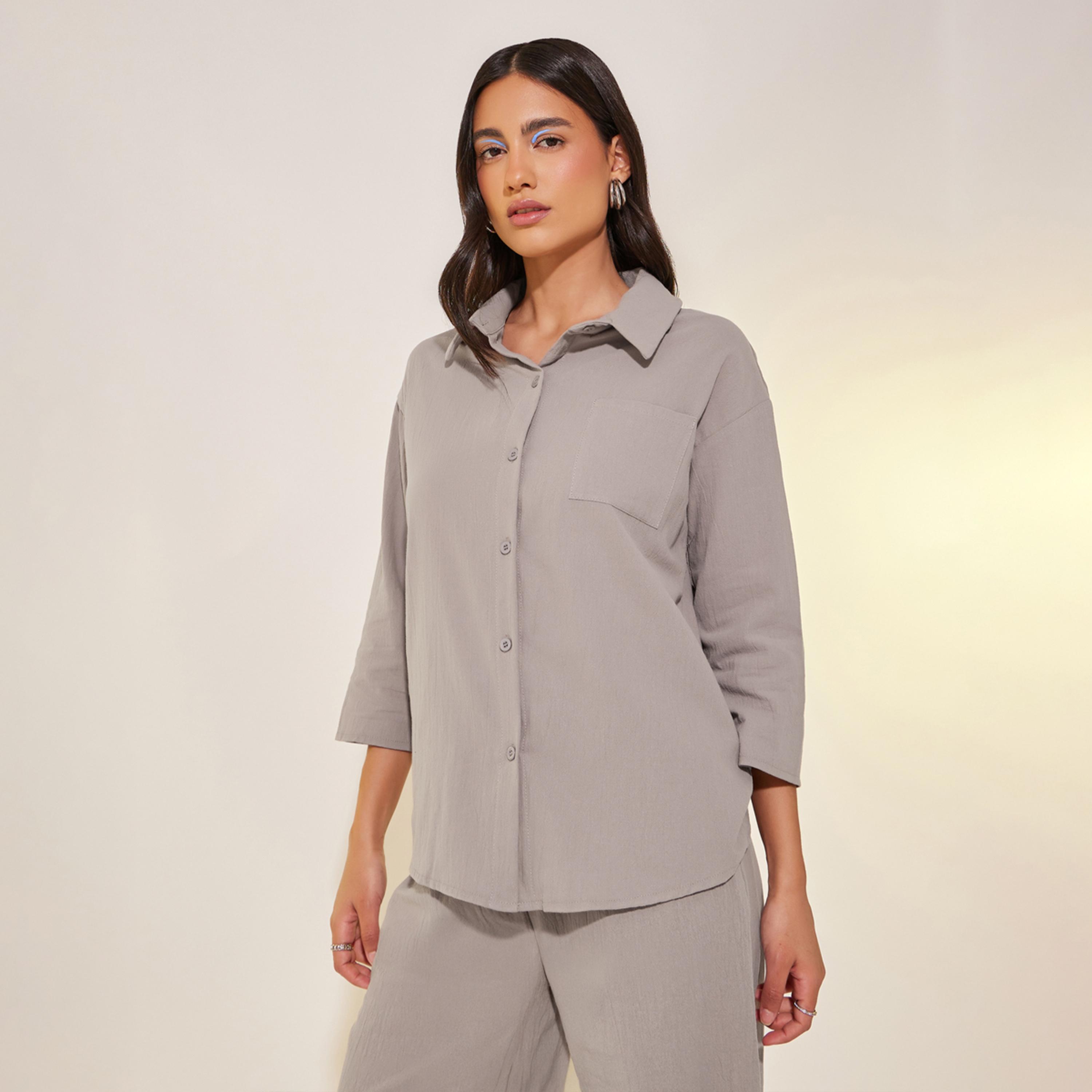 Styli Solid 3/4 Sleeves Shirt and Pants Co-Ords-women-clothing-coordsets-image-2