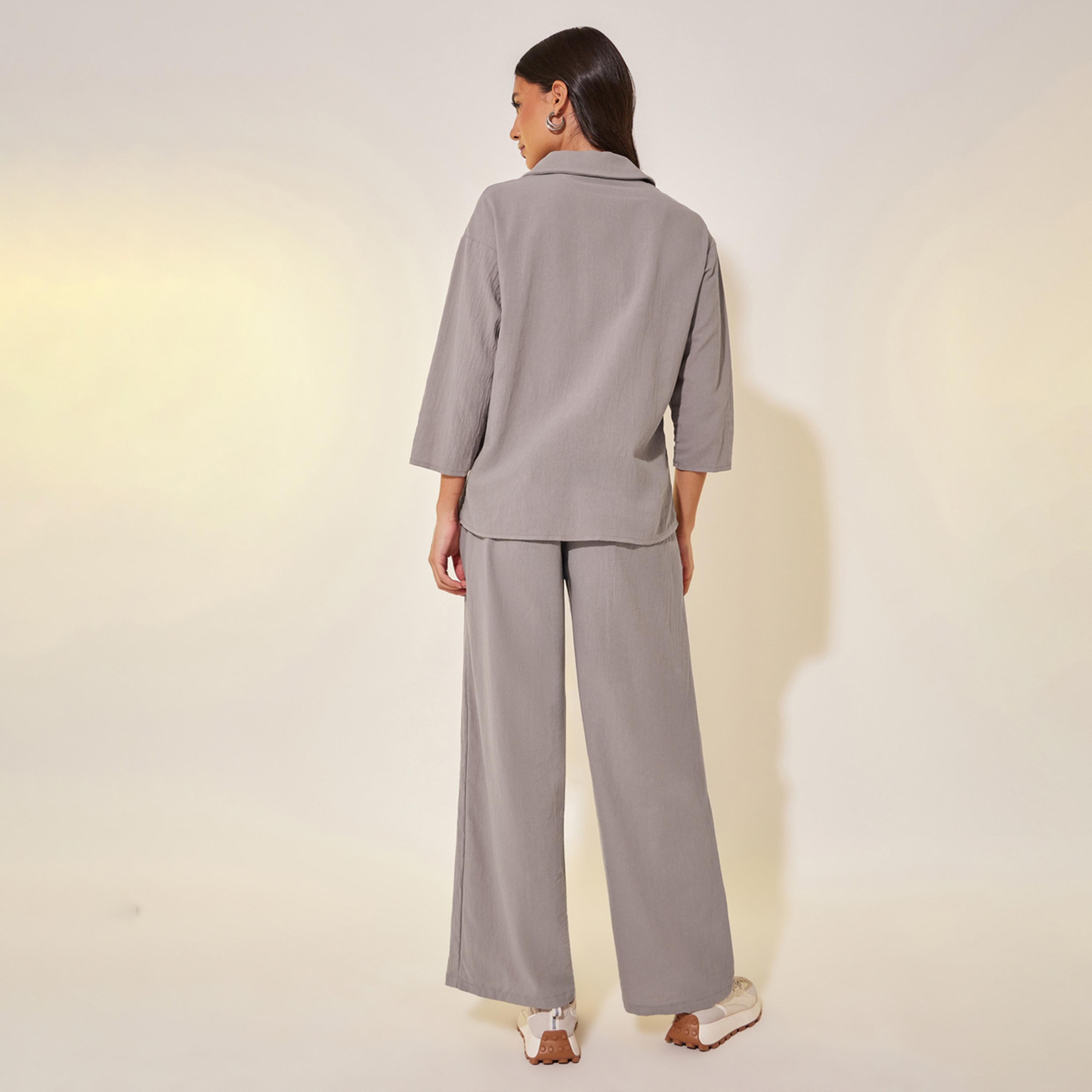 Styli Solid 3/4 Sleeves Shirt and Pants Co-Ords-women-clothing-coordsets-image-5