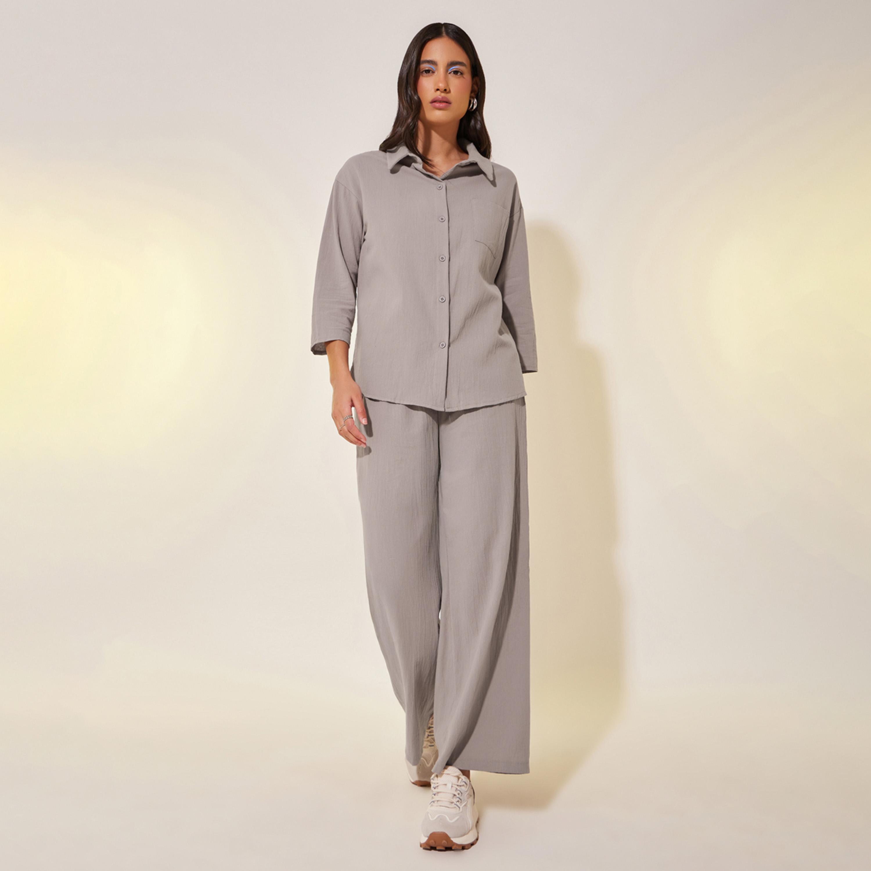 Styli Solid 3/4 Sleeves Shirt and Pants Co-Ords-women-clothing-coordsets-image-6
