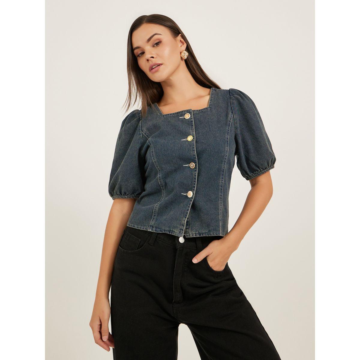 Styli Solid Blouse With Puff Sleeve And Button Up Front-women-clothing-shirtsandblouses-blouses-image-1