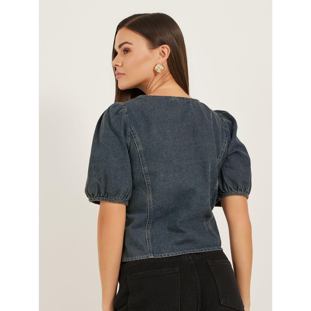 بلوزة دنيم بأكمام منفوخة وأزرار-women-clothing-shirtsandblouses-blouses-image-1