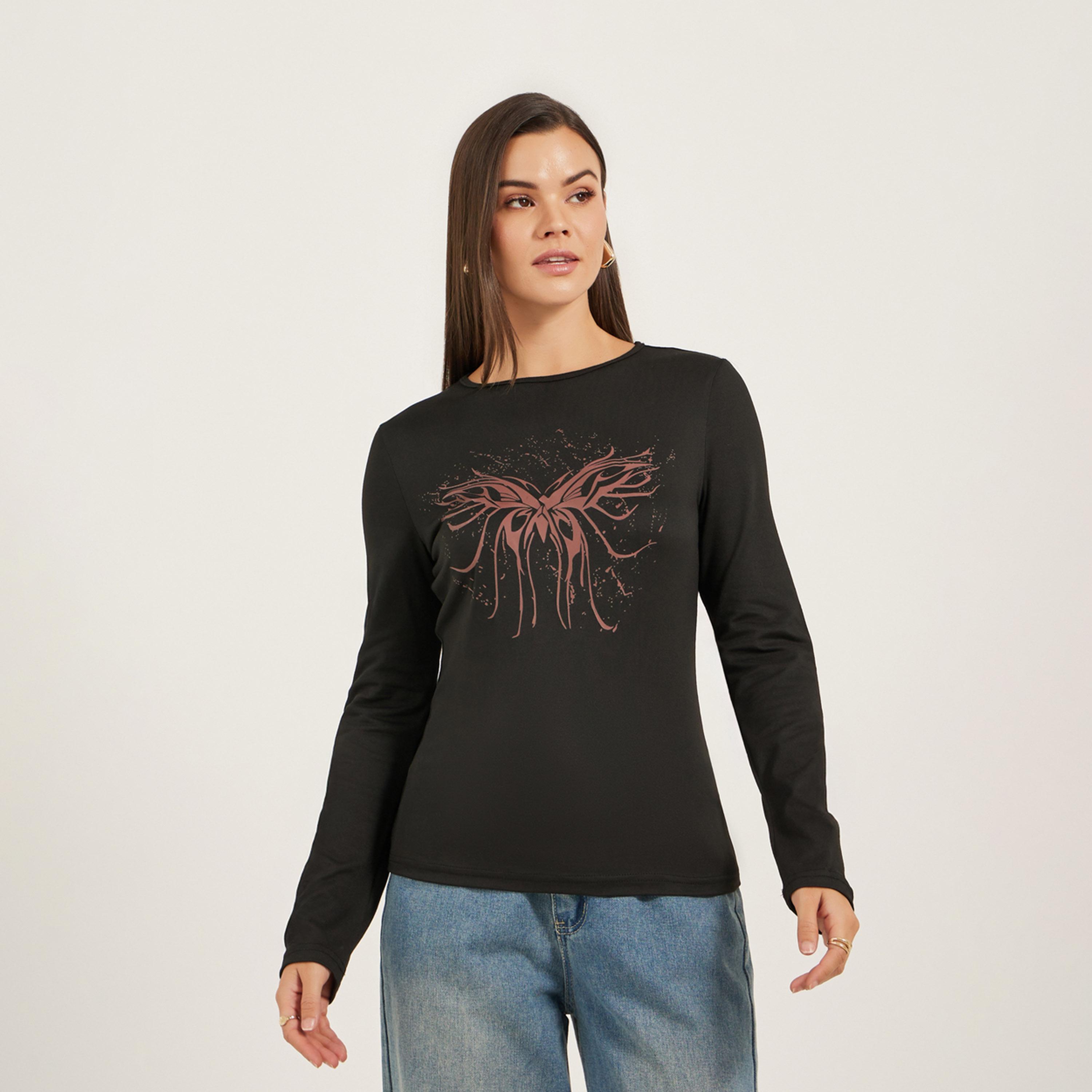 ستايلي - تي شيرت نسائي بأكمام طويلة بطبعة فراشات-women-clothing-tshirts-image-4