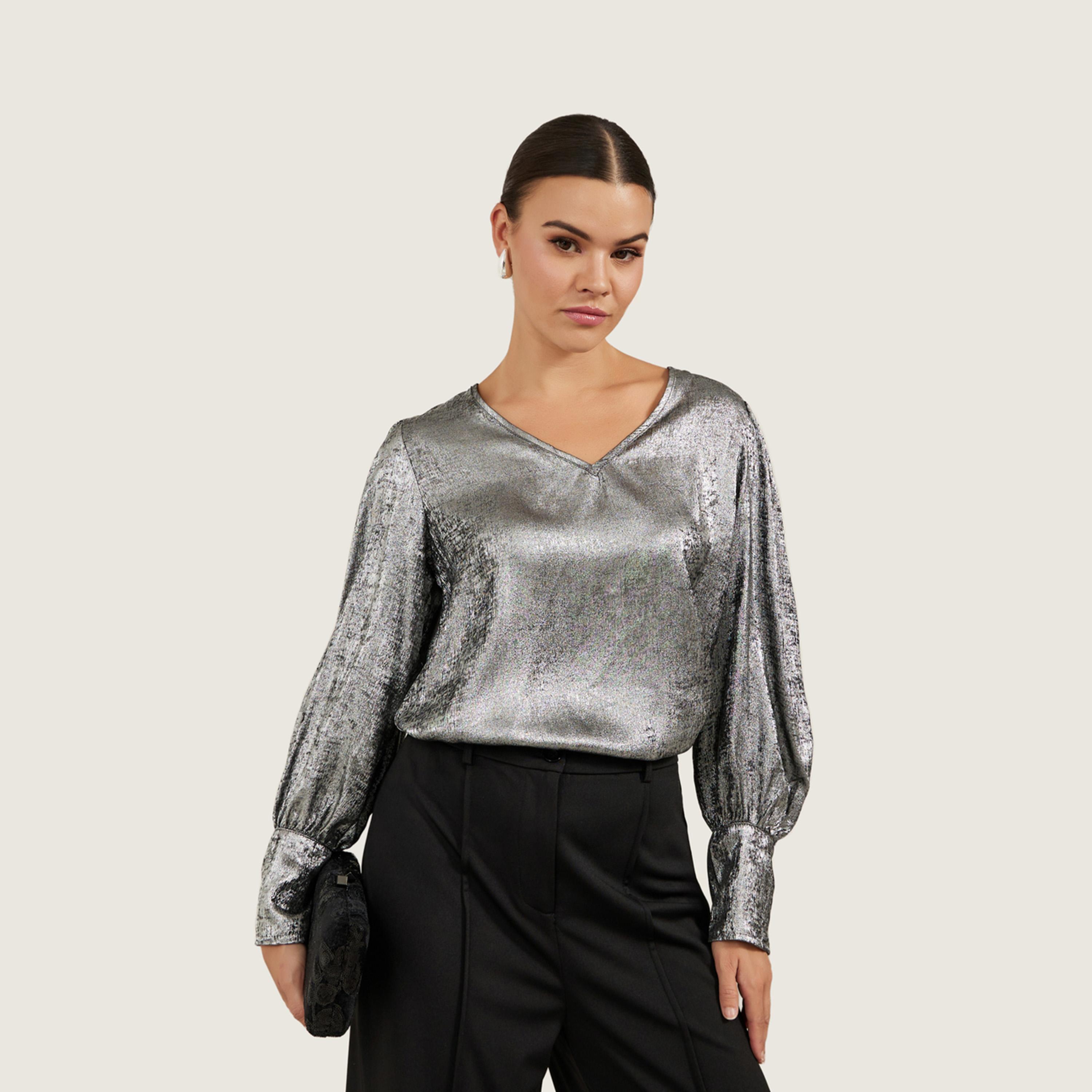 ستايلي - قميص نسائي لامع بأكمام منتفخة للحفلات-women-clothing-shirtsandblouses-shirts-image-1