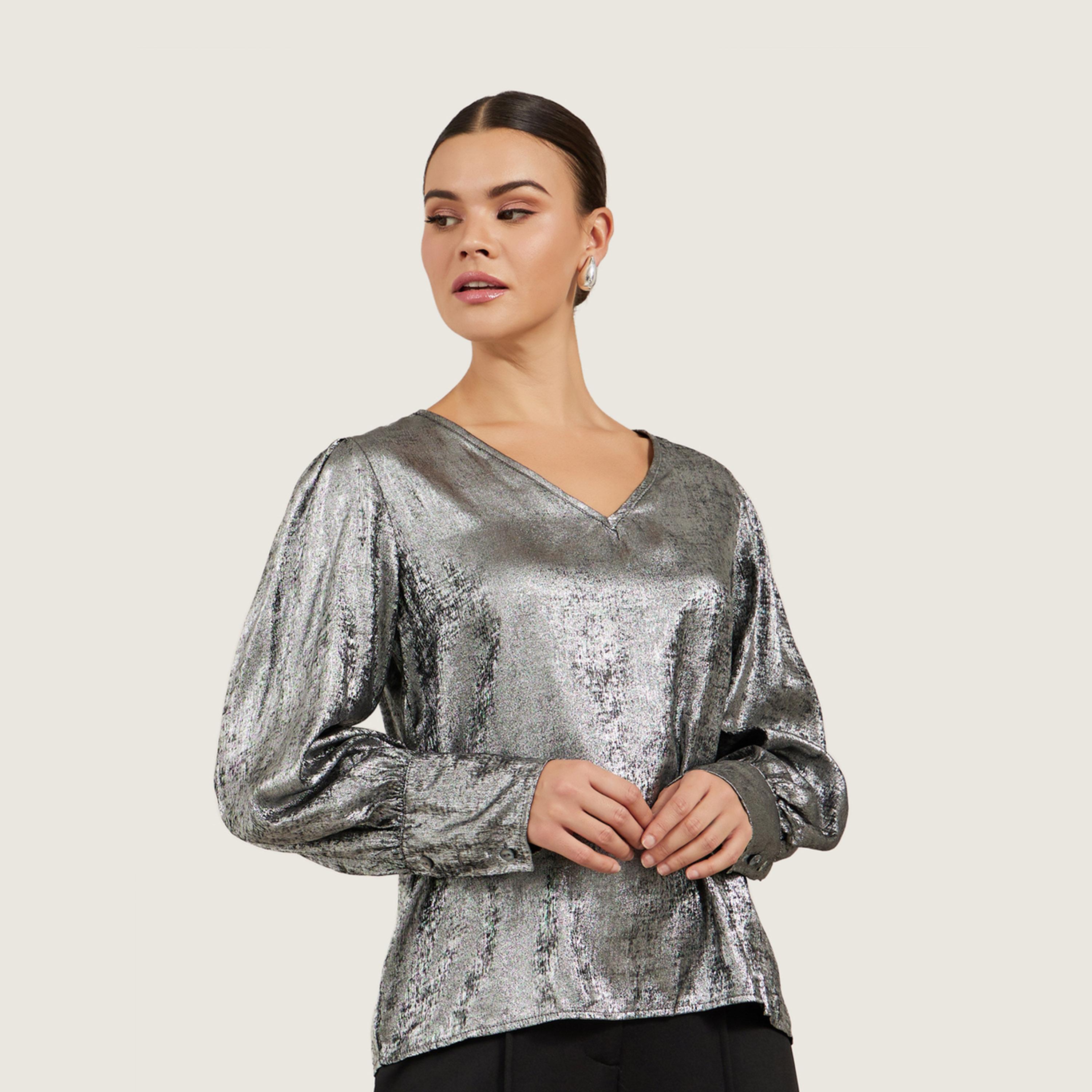 ستايلي - قميص نسائي لامع بأكمام منتفخة للحفلات-women-clothing-shirtsandblouses-shirts-image-3