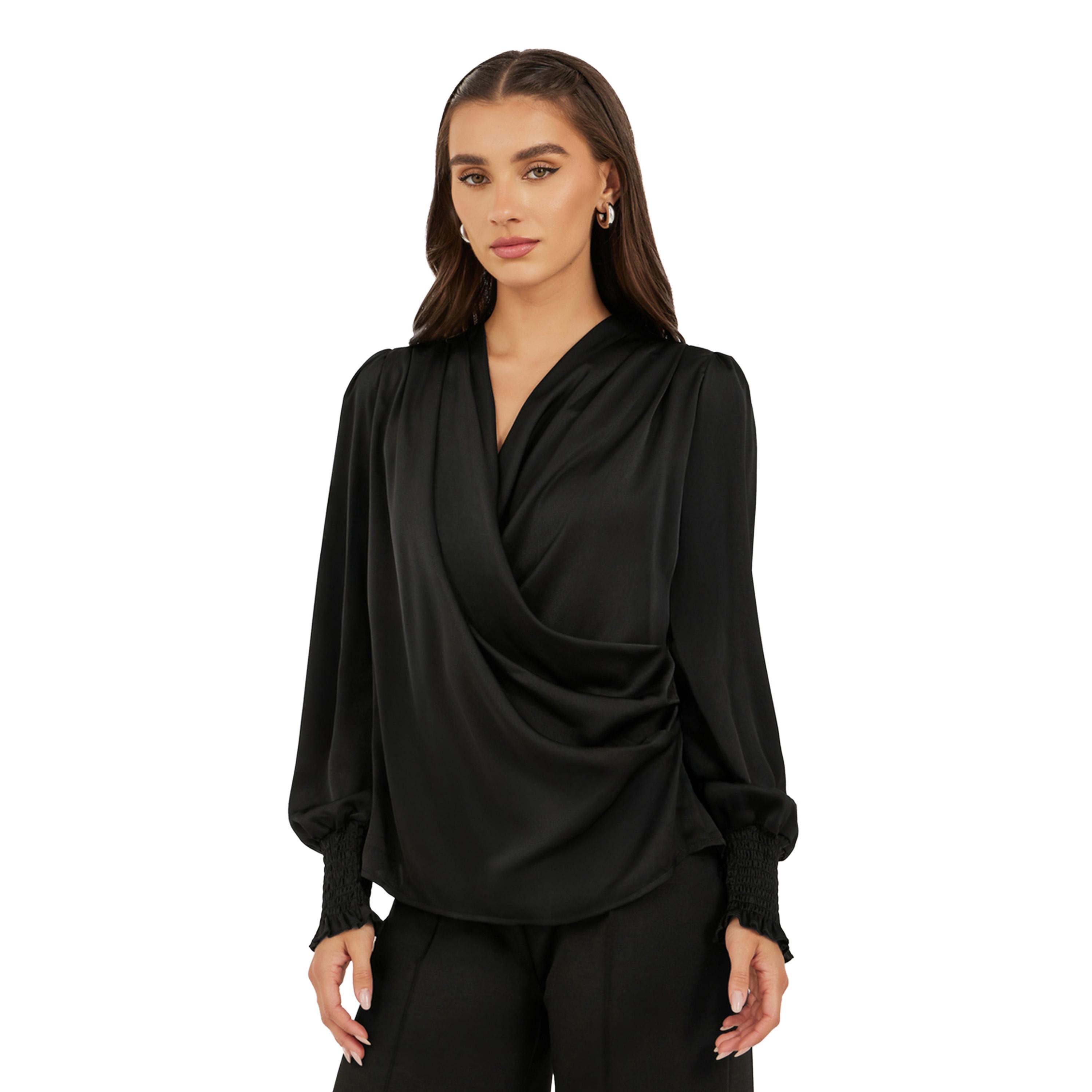 ستايلي -  بلوزة ساتان برقبة V وأكمام منفوخة-women-clothing-shirtsandblouses-blouses-image-2
