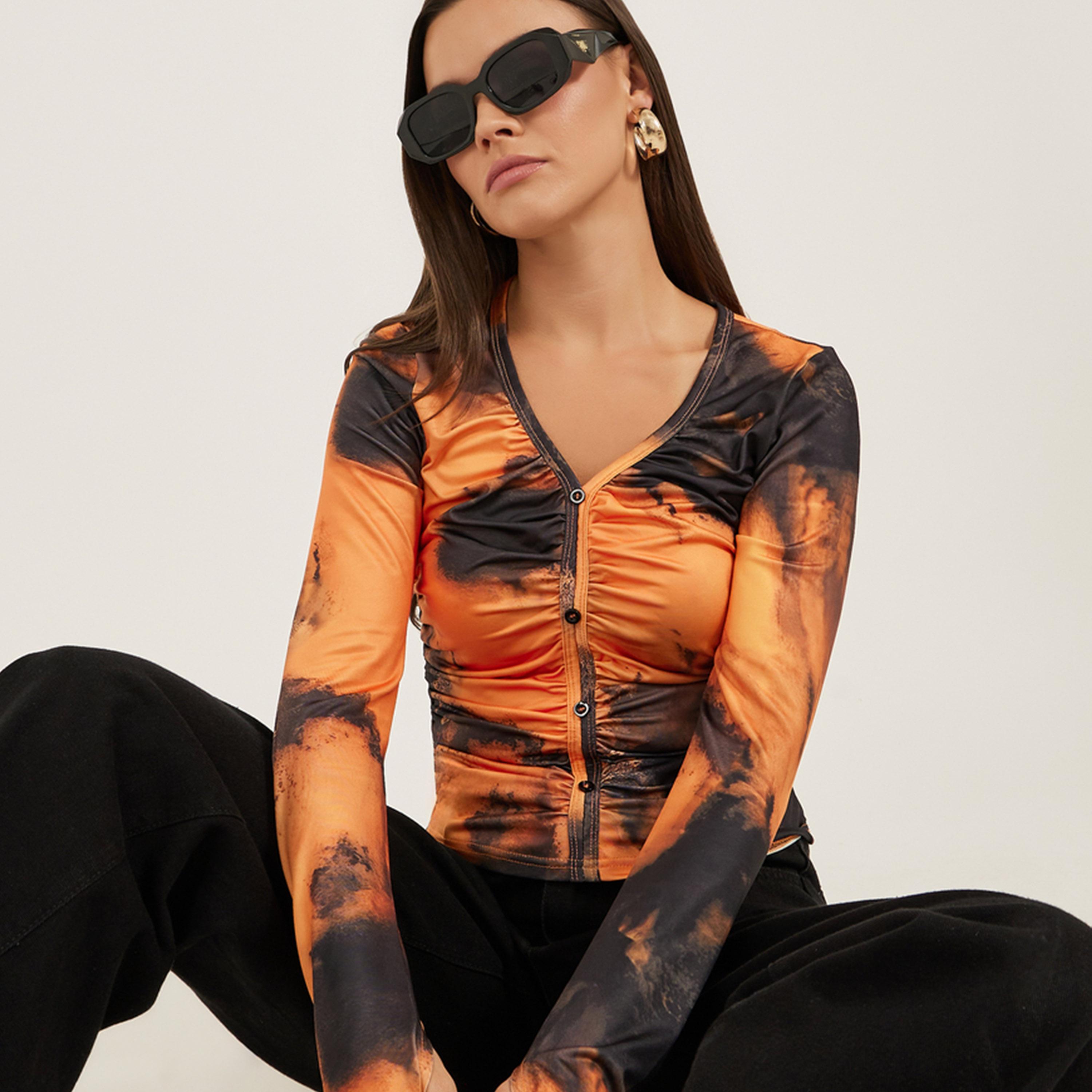 Styli Colorblock V-Neck Long Sleeve Casual Top-women-clothing-shirtsandblouses-blouses-image-3
