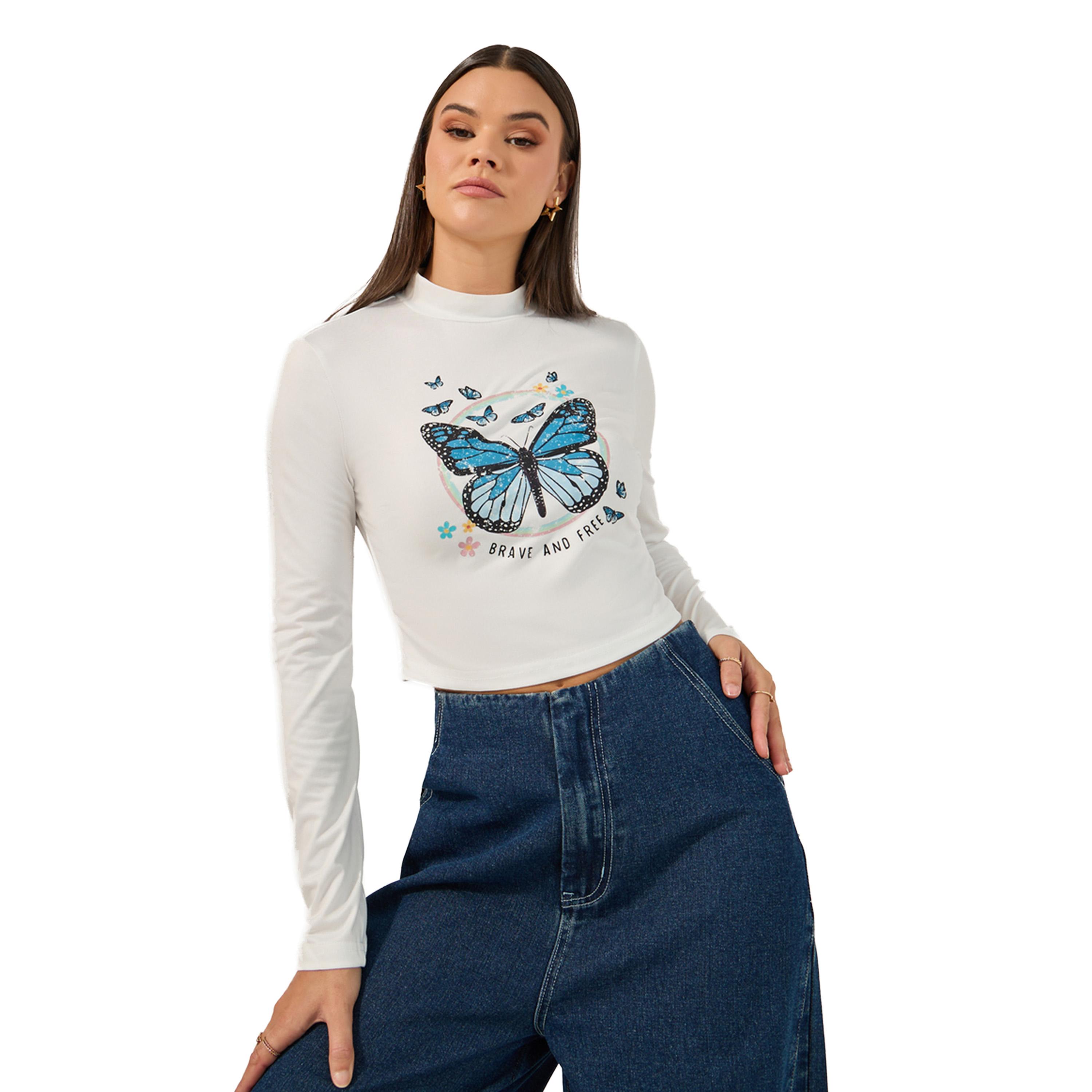 ستايلي - بلوزة قصيرة بأكمام طويلة بطبعة بفراشة-women-clothing-tshirts-image-1