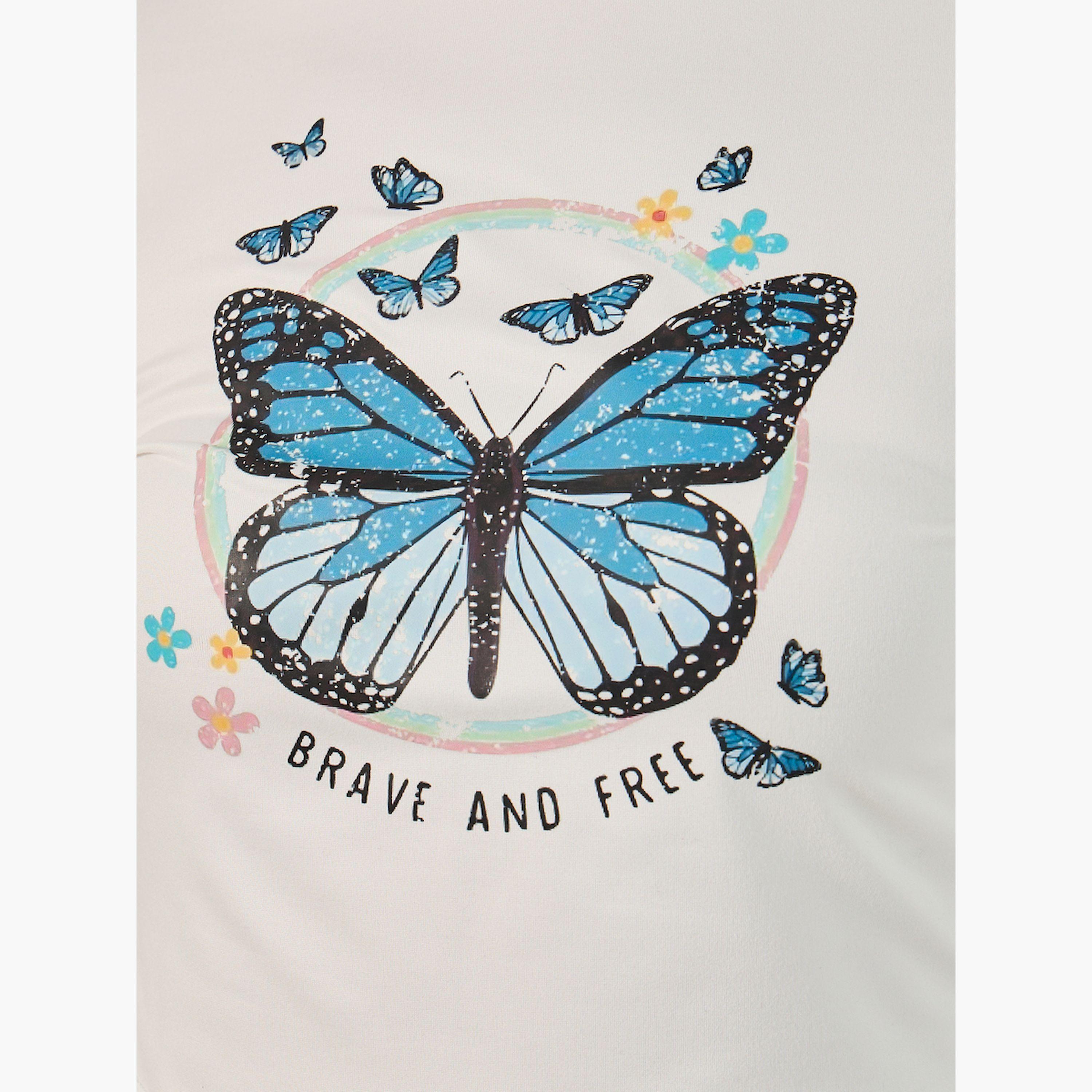 ستايلي - بلوزة قصيرة بأكمام طويلة بطبعة بفراشة-women-clothing-tshirts-image-3